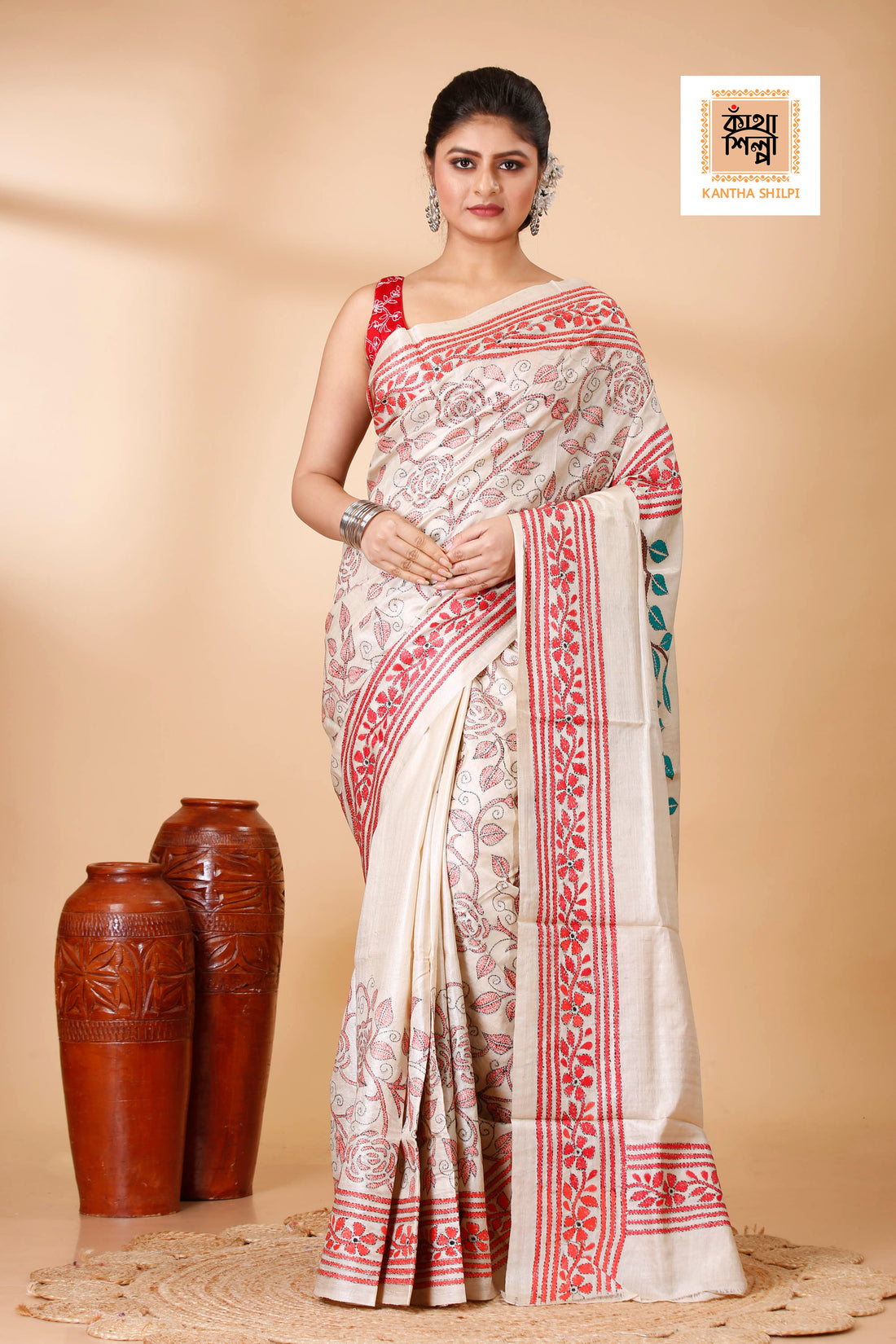 Gachi Tussar Goutam Buddha Theme Work Rose Floral Design Kantha Stitch Saree