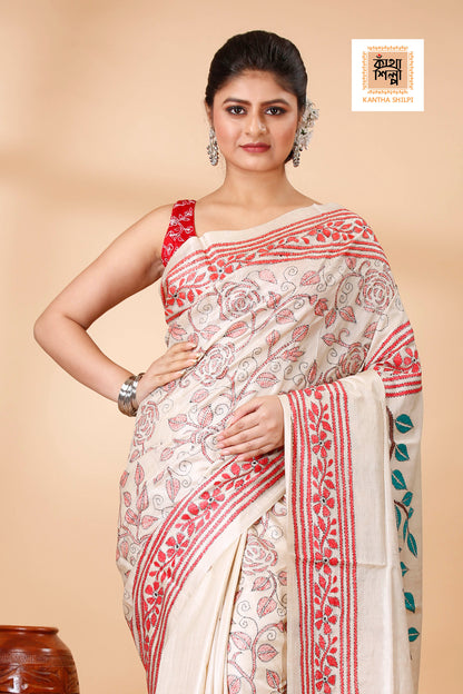 Gachi Tussar Goutam Buddha Theme Work Rose Floral Design Kantha Stitch Saree