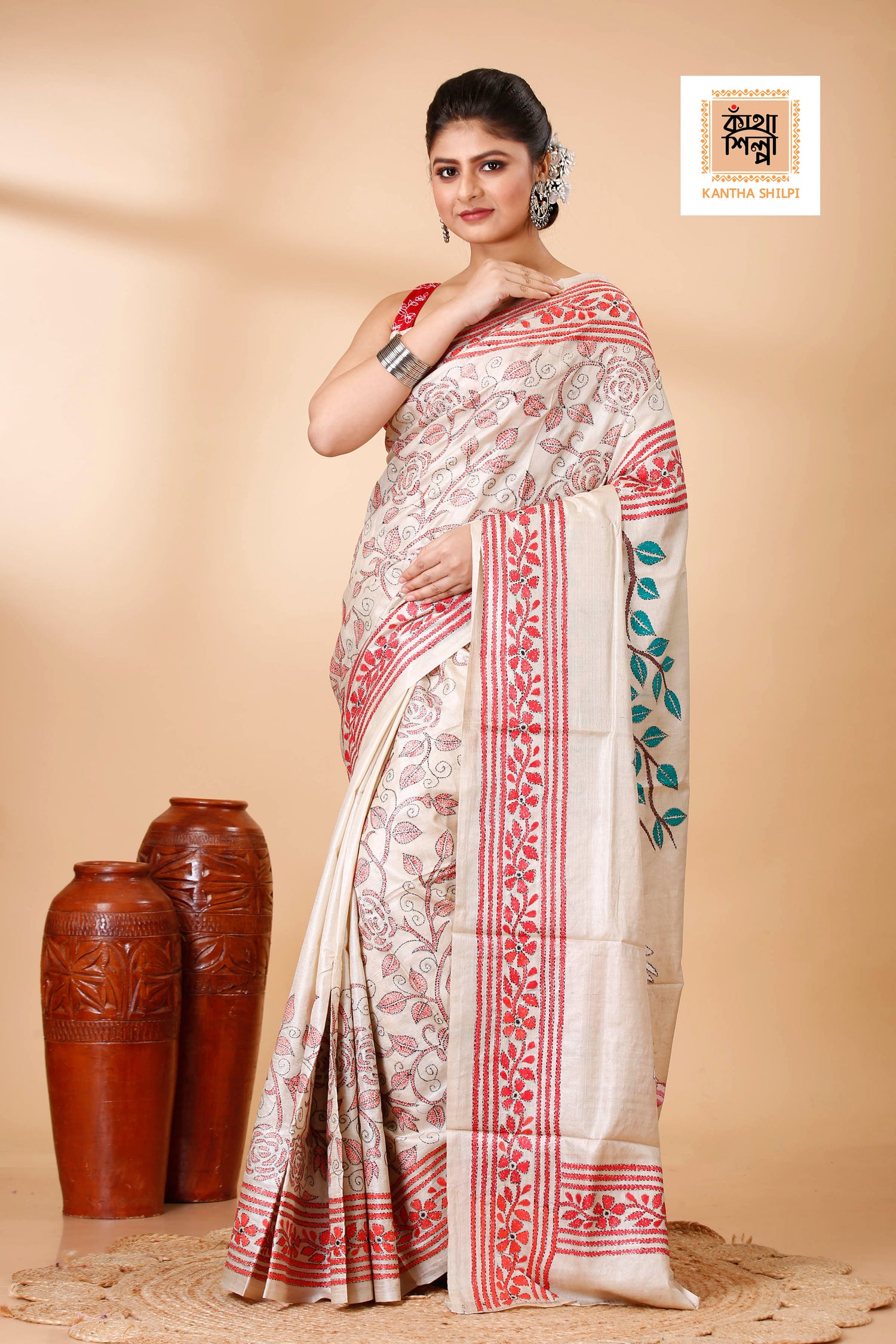 Gachi Tussar Goutam Buddha Theme Work Rose Floral Design Kantha Stitch Saree
