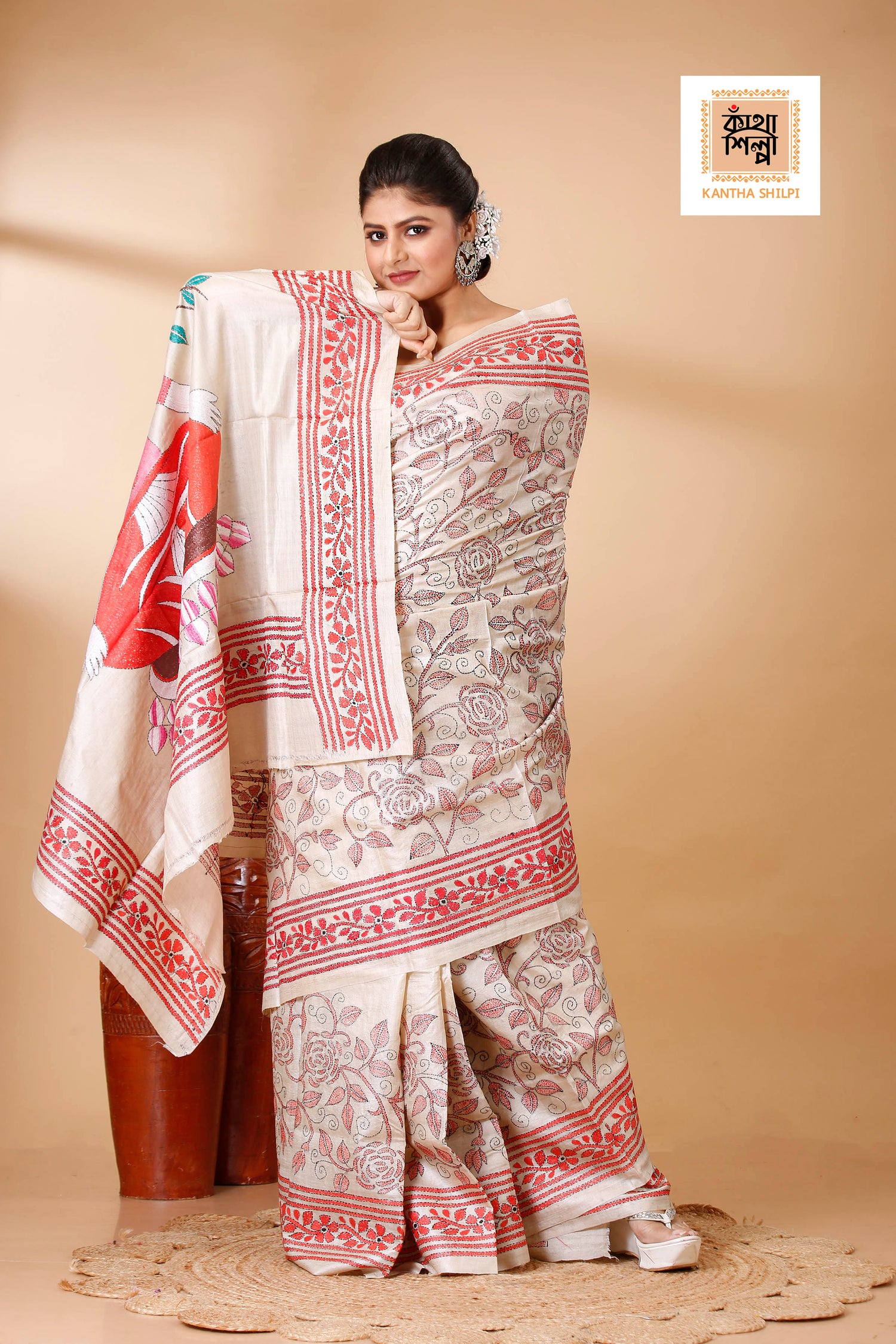 Gachi Tussar Goutam Buddha Theme Work Rose Floral Design Kantha Stitch Saree