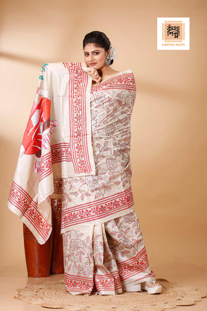 Gachi Tussar Goutam Buddha Theme Work Rose Floral Design Kantha Stitch Saree