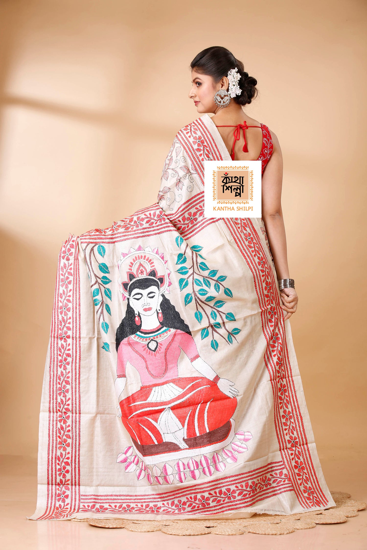 Gachi Tussar Goutam Buddha Theme Work Rose Floral Design Kantha Stitch Saree