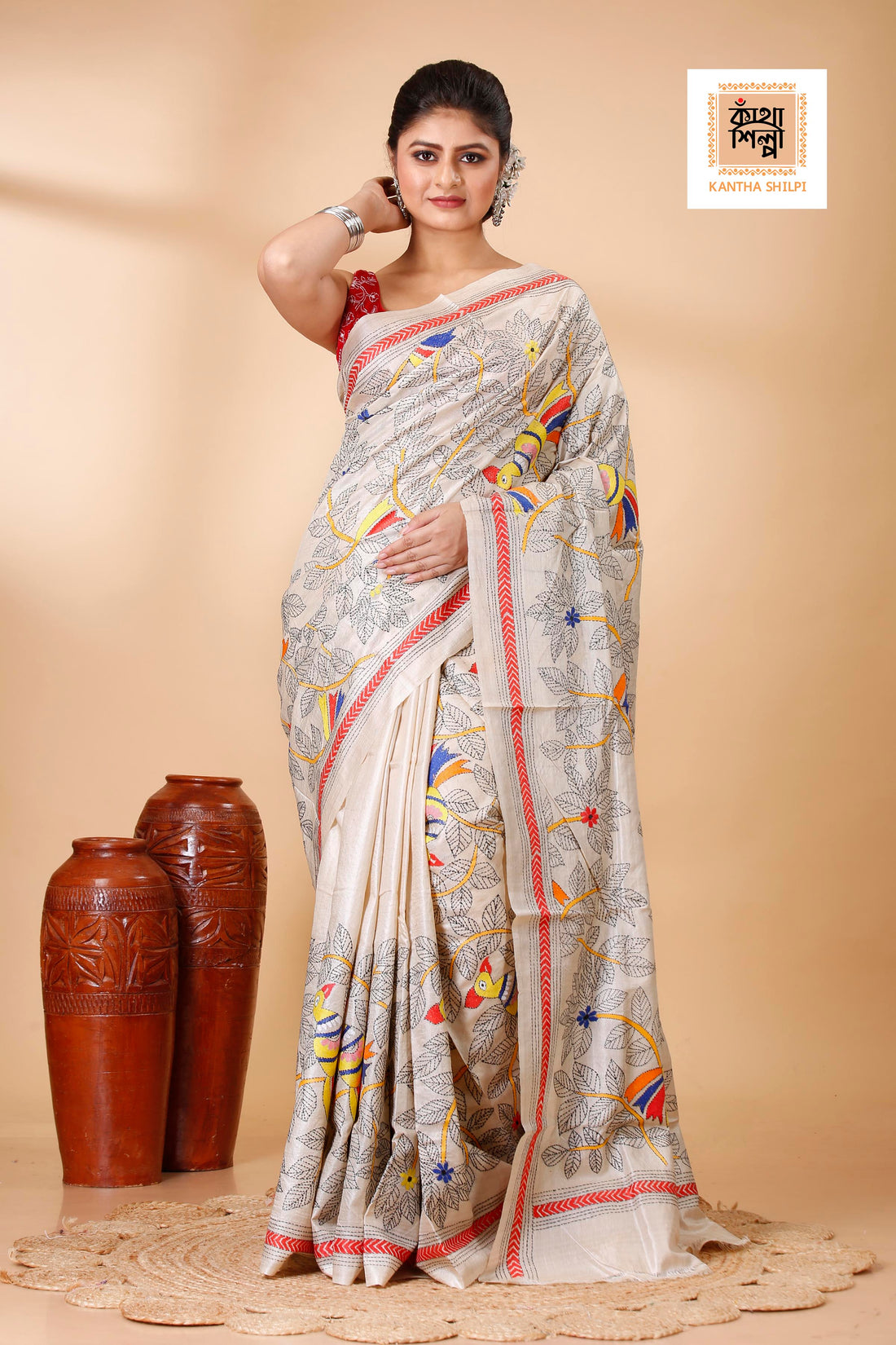 Gachi Tussar Multicolor Thread Work Floral Leaf and Cockatoo Design Kantha Stitch Saree