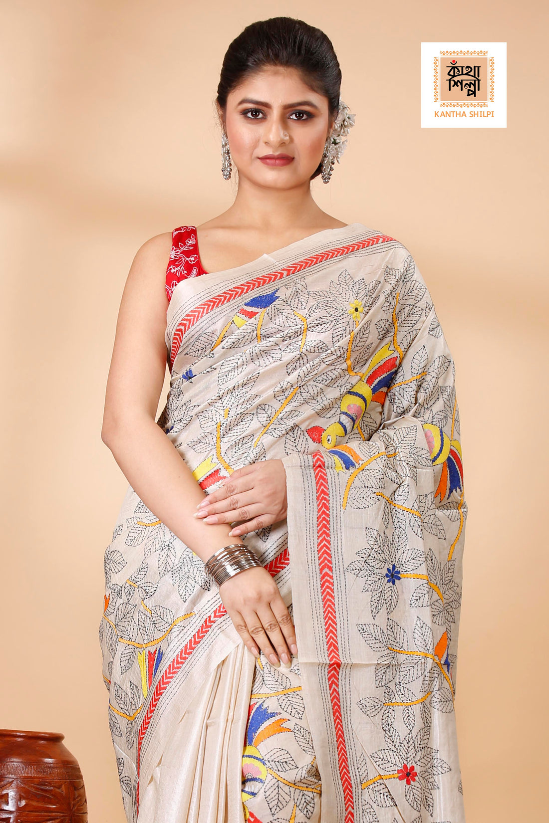 Gachi Tussar Multicolor Thread Work Floral Leaf and Cockatoo Design Kantha Stitch Saree