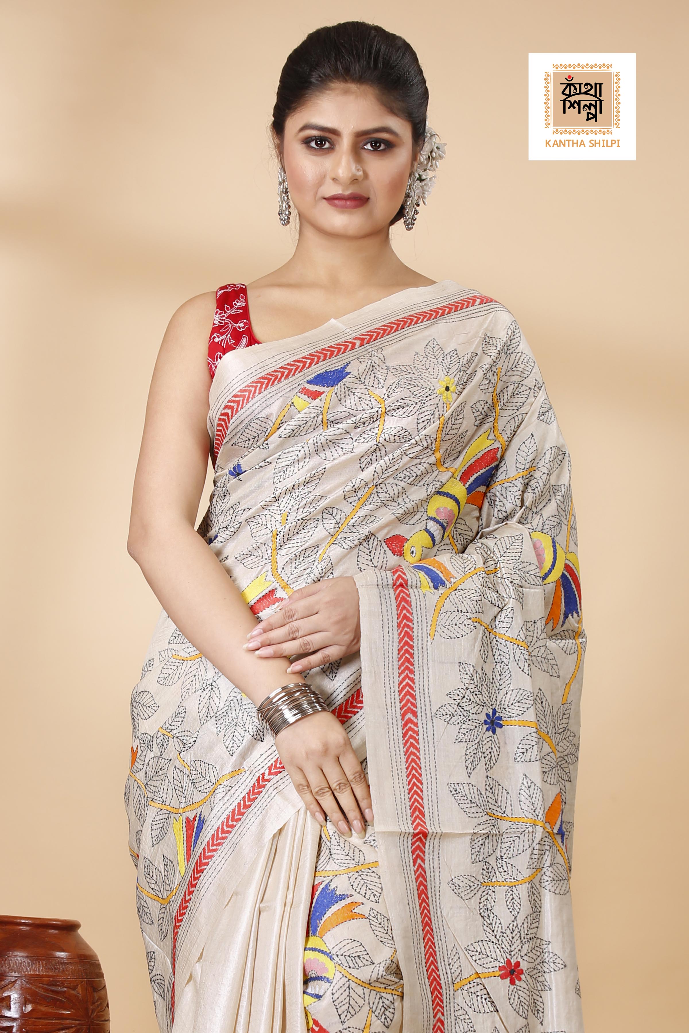 Gachi Tussar Multicolor Thread Work Floral Leaf and Cockatoo Design Kantha Stitch Saree