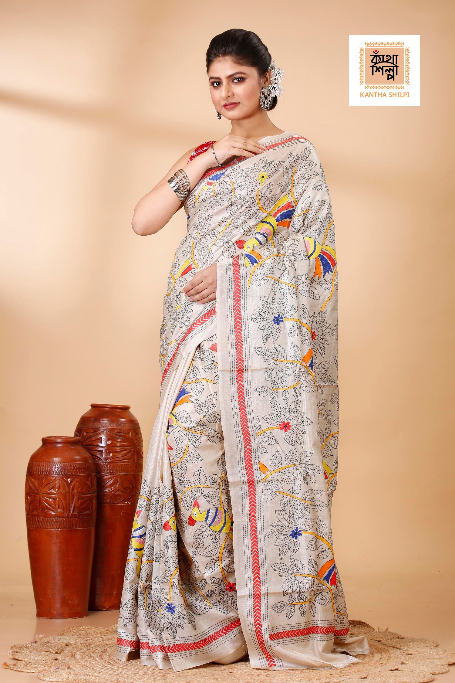 Gachi Tussar Multicolor Thread Work Floral Leaf and Cockatoo Design Kantha Stitch Saree