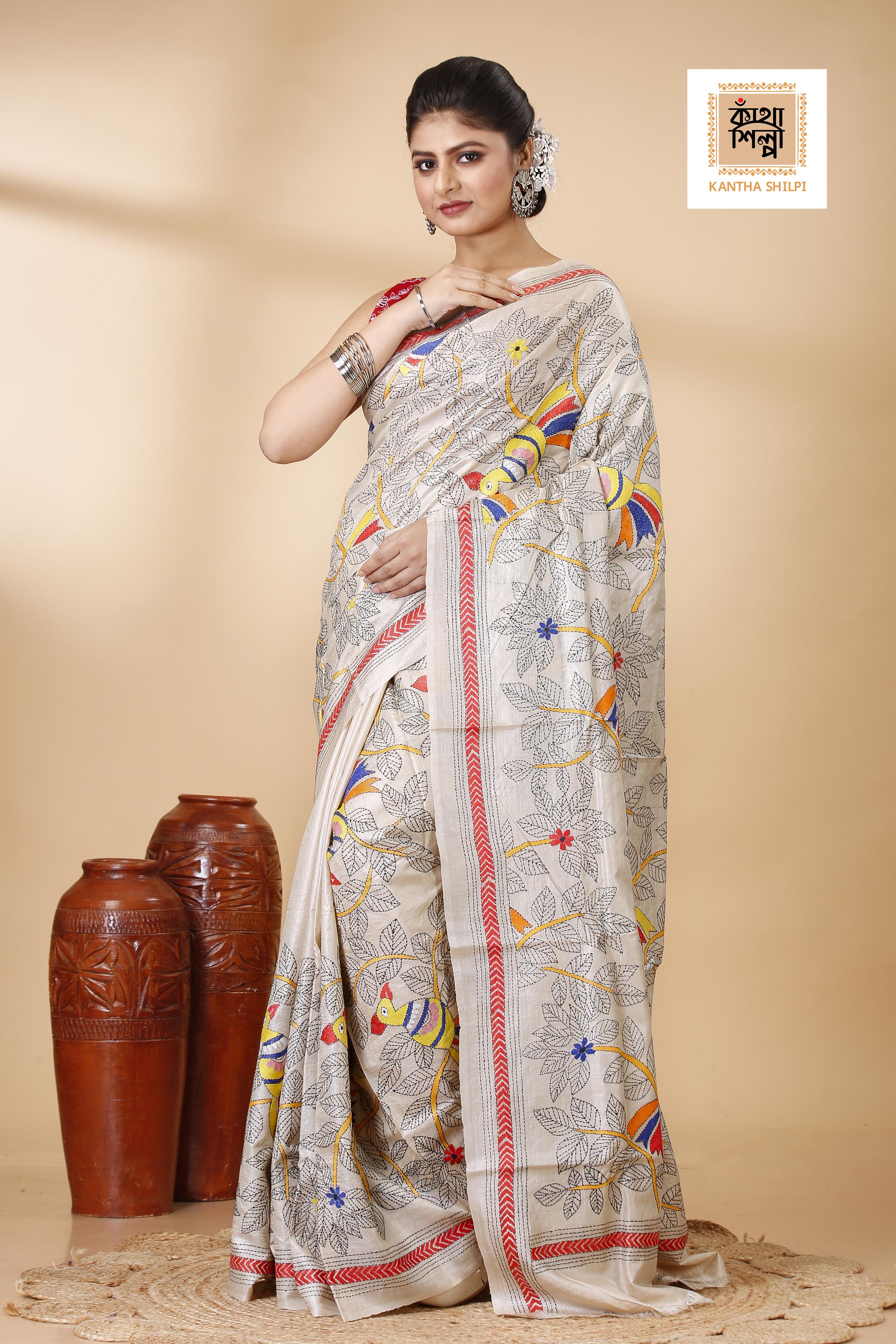 Gachi Tussar Multicolor Thread Work Floral Leaf and Cockatoo Design Kantha Stitch Saree
