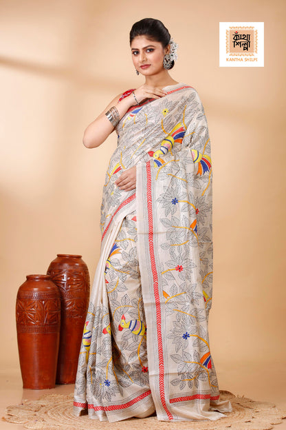 Gachi Tussar Multicolor Thread Work Floral Leaf and Cockatoo Design Kantha Stitch Saree