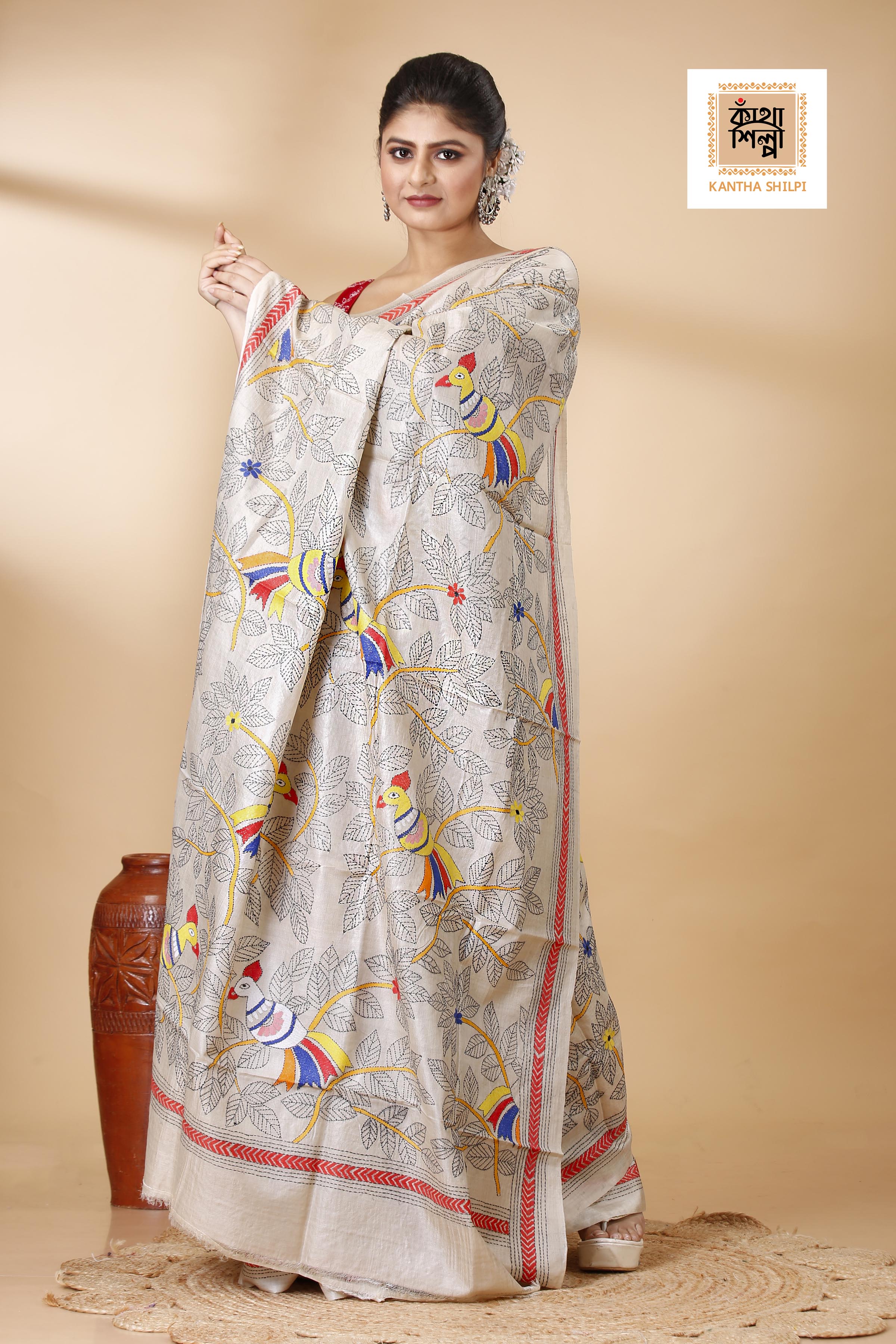 Gachi Tussar Multicolor Thread Work Floral Leaf and Cockatoo Design Kantha Stitch Saree