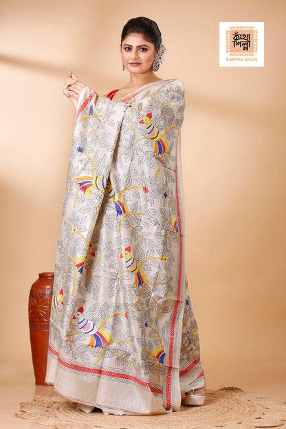 Gachi Tussar Multicolor Thread Work Floral Leaf and Cockatoo Design Kantha Stitch Saree