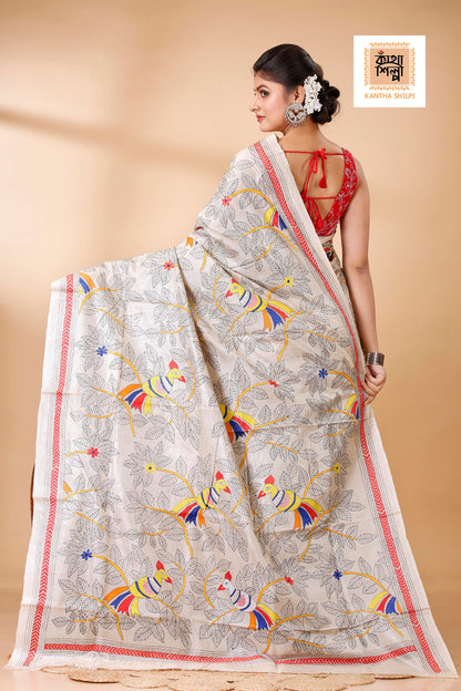 Gachi Tussar Multicolor Thread Work Floral Leaf and Cockatoo Design Kantha Stitch Saree