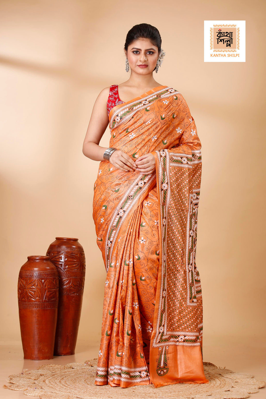 Sandstone Color Dye Tussar Tricolor Thread Work Kantha Stitch Saree