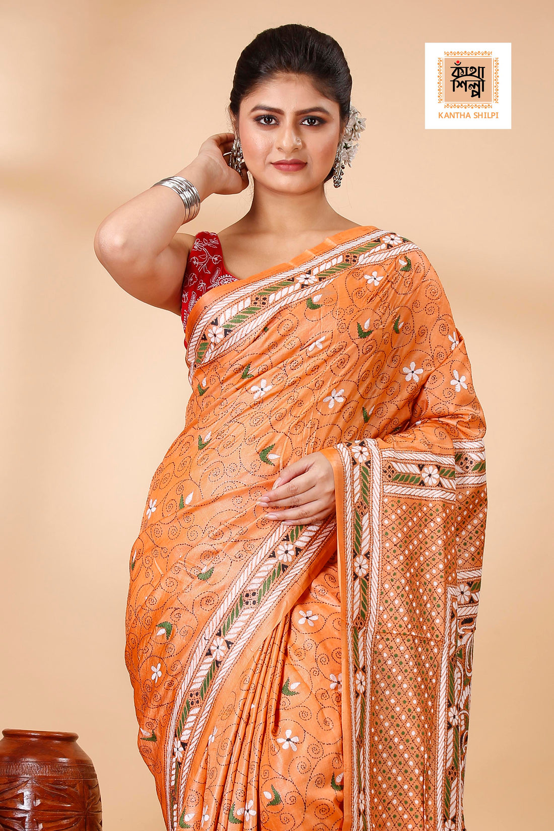 Sandstone Color Dye Tussar Tricolor Thread Work Kantha Stitch Saree