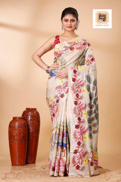 Gachi Tussar Multicolor Thread Work Peacock and Floral Design Kantha Stitch Saree