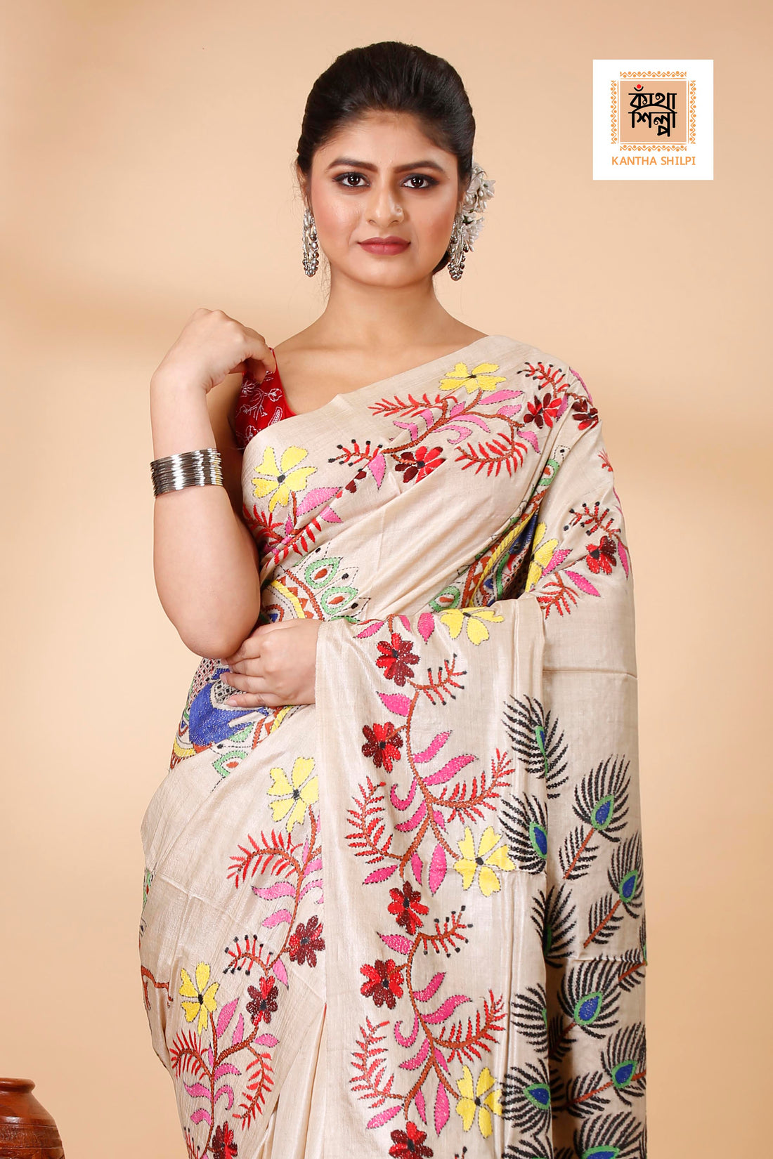 Gachi Tussar Multicolor Thread Work Peacock and Floral Design Kantha Stitch Saree