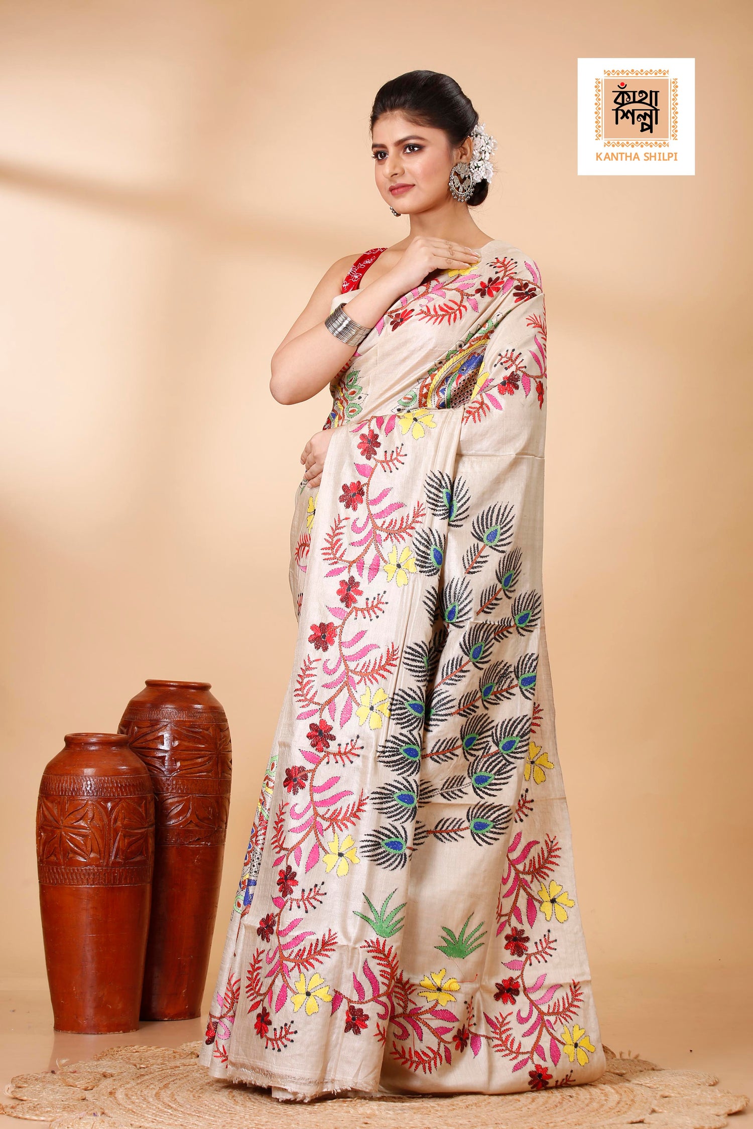 Gachi Tussar Multicolor Thread Work Peacock and Floral Design Kantha Stitch Saree