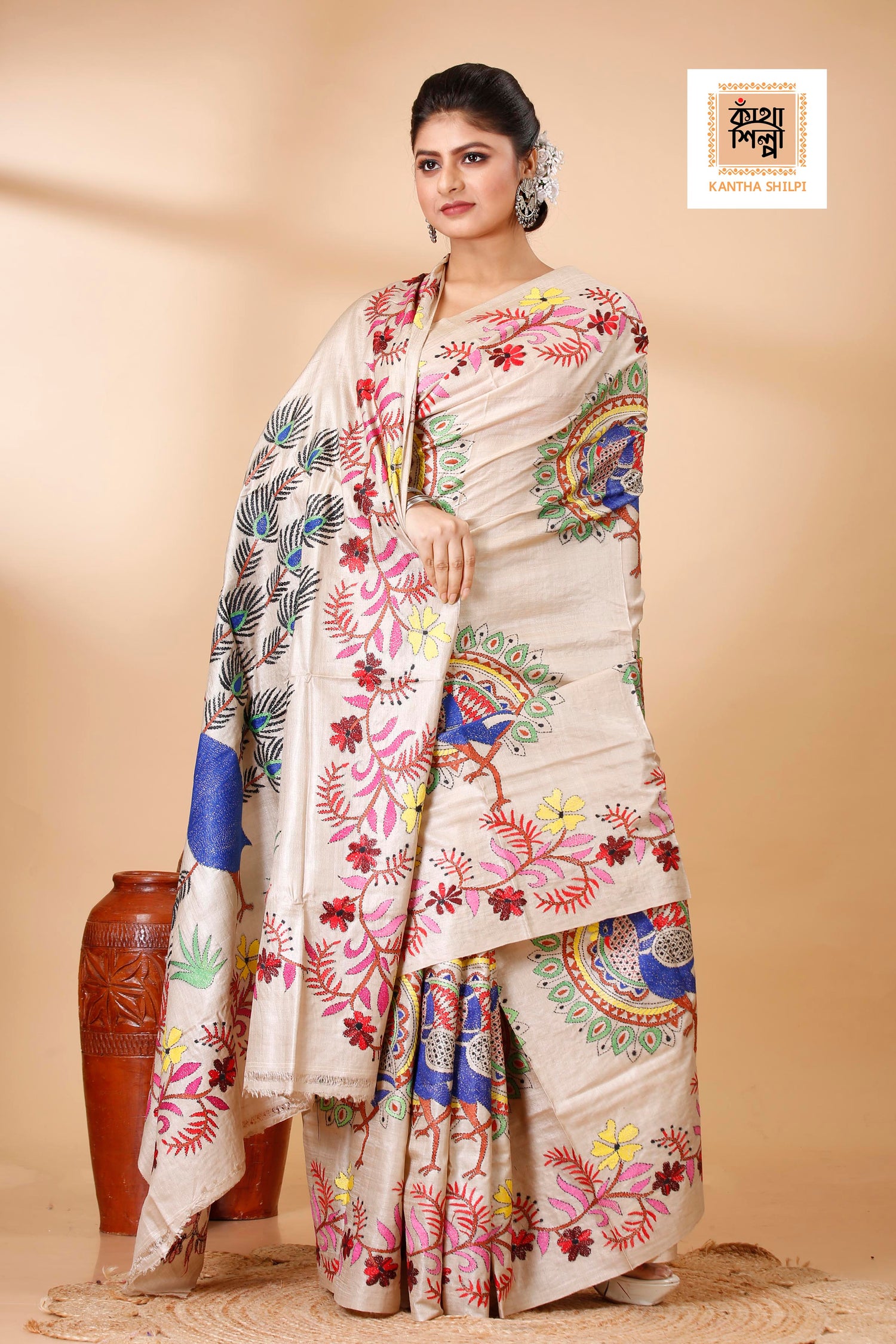 Gachi Tussar Multicolor Thread Work Peacock and Floral Design Kantha Stitch Saree