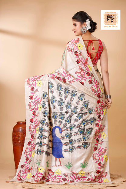 Gachi Tussar Multicolor Thread Work Peacock and Floral Design Kantha Stitch Saree