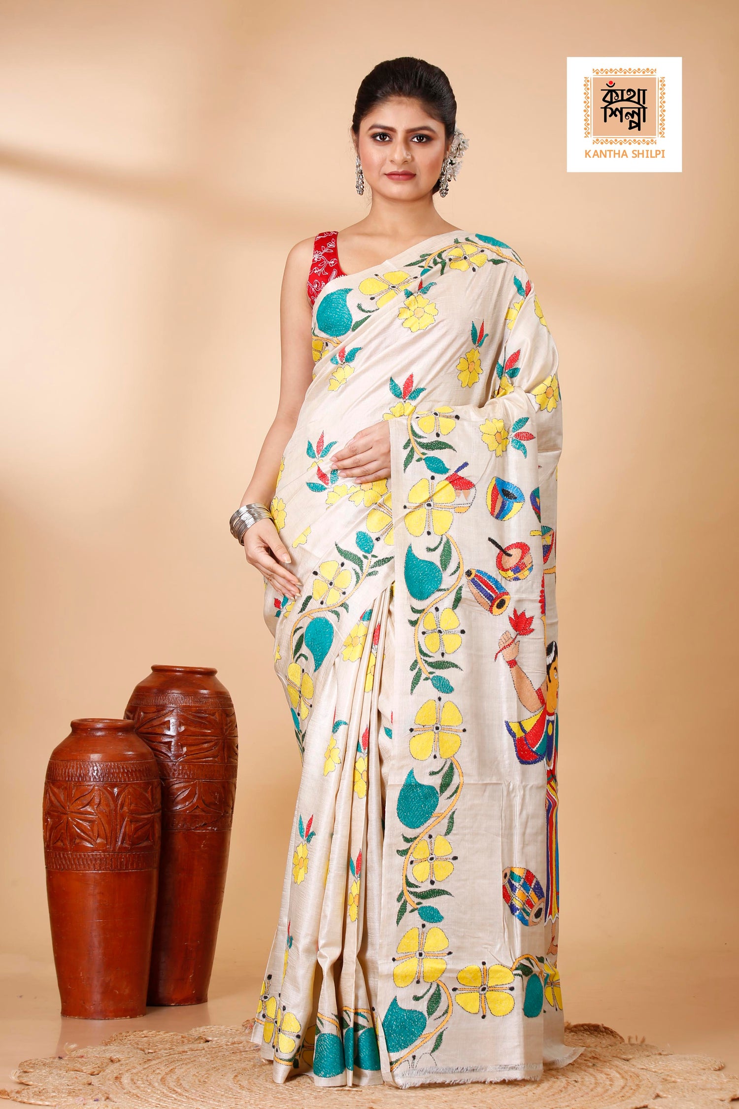 Gachi Tussar Multicolor Thread Work Lord Ganesha and Floral Design Kantha Stitch Saree