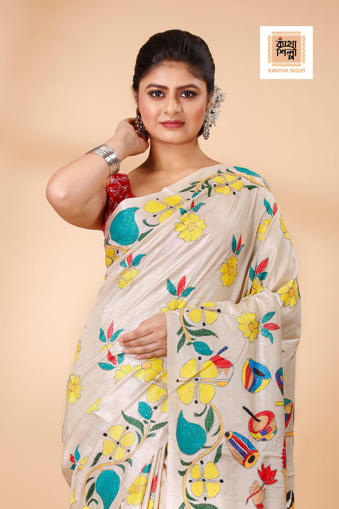 Gachi Tussar Multicolor Thread Work Lord Ganesha and Floral Design Kantha Stitch Saree