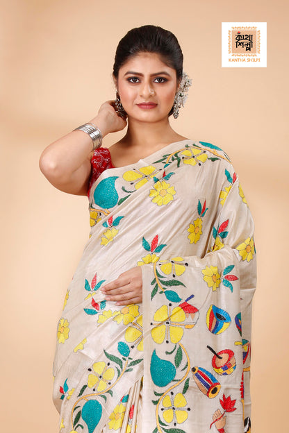 Gachi Tussar Multicolor Thread Work Lord Ganesha and Floral Design Kantha Stitch Saree