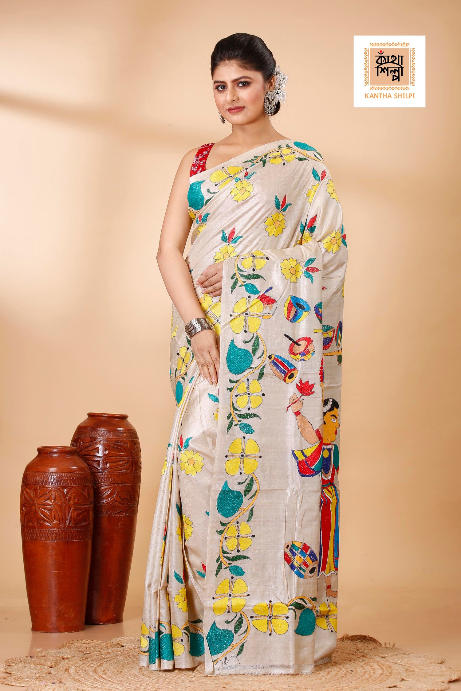 Gachi Tussar Multicolor Thread Work Lord Ganesha and Floral Design Kantha Stitch Saree