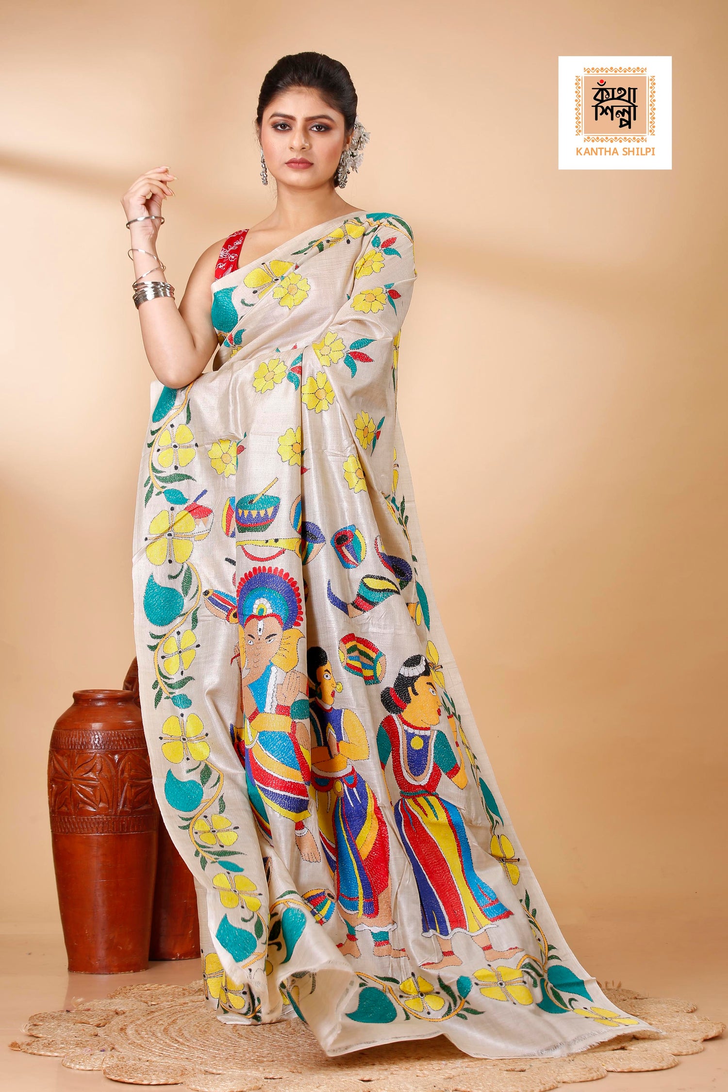 Gachi Tussar Multicolor Thread Work Lord Ganesha and Floral Design Kantha Stitch Saree