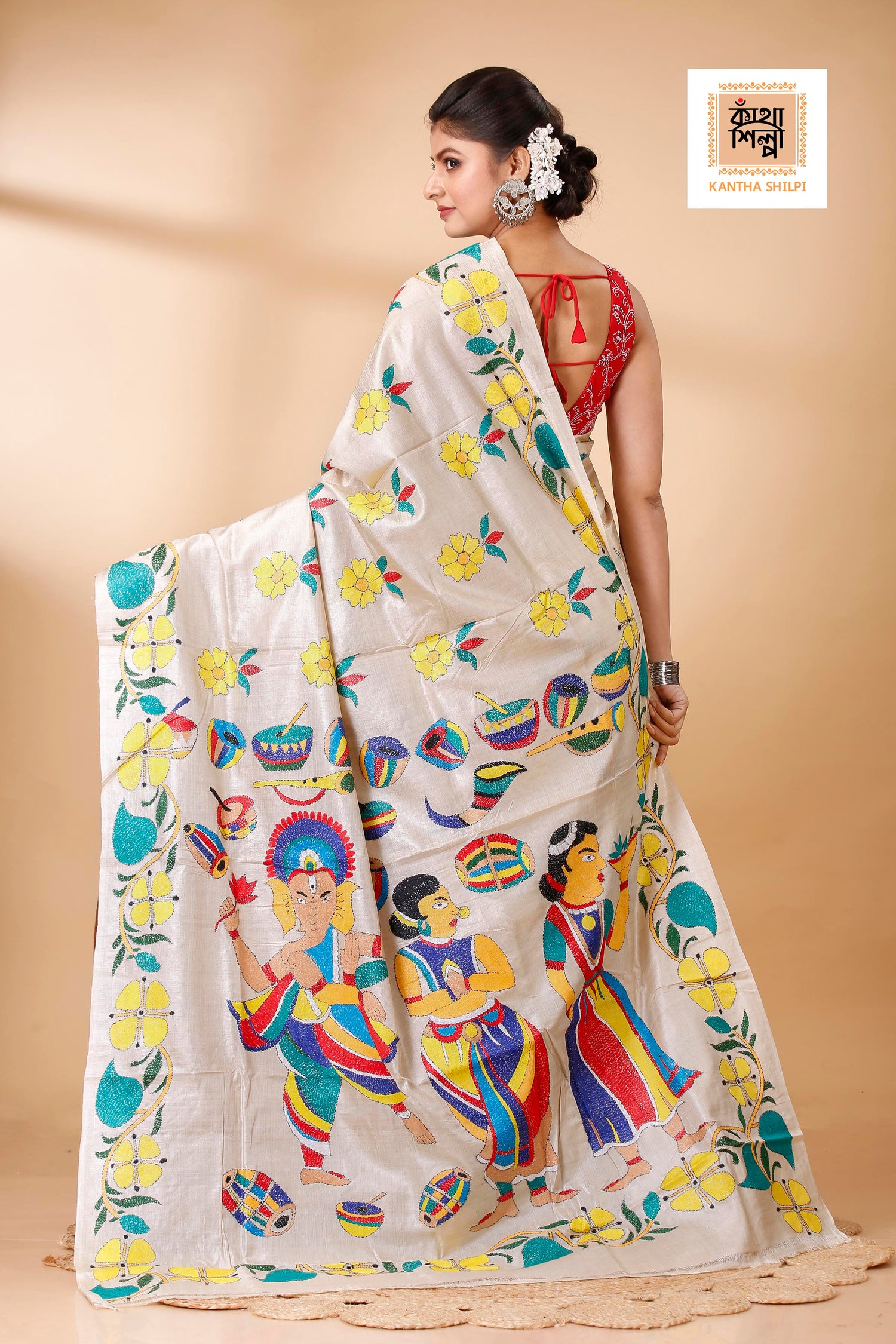 Gachi Tussar Multicolor Thread Work Lord Ganesha and Floral Design Kantha Stitch Saree