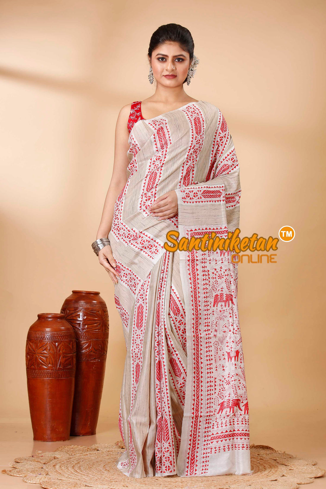 Pure Katan and Ketiya Tussar Stripe Kantha Stitch Saree SN202522142
