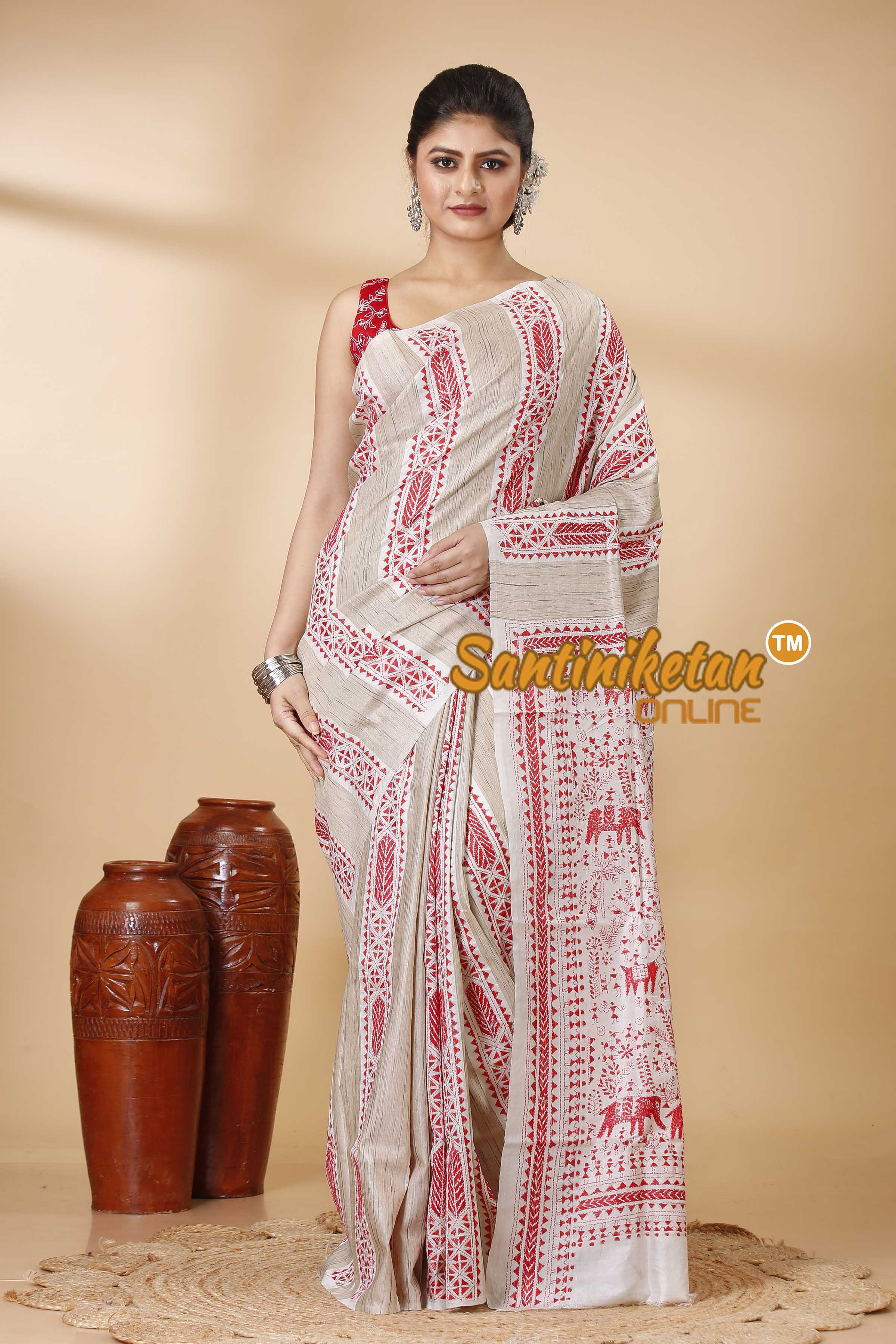 Pure Katan and Ketiya Tussar Stripe Kantha Stitch Saree SN202522142