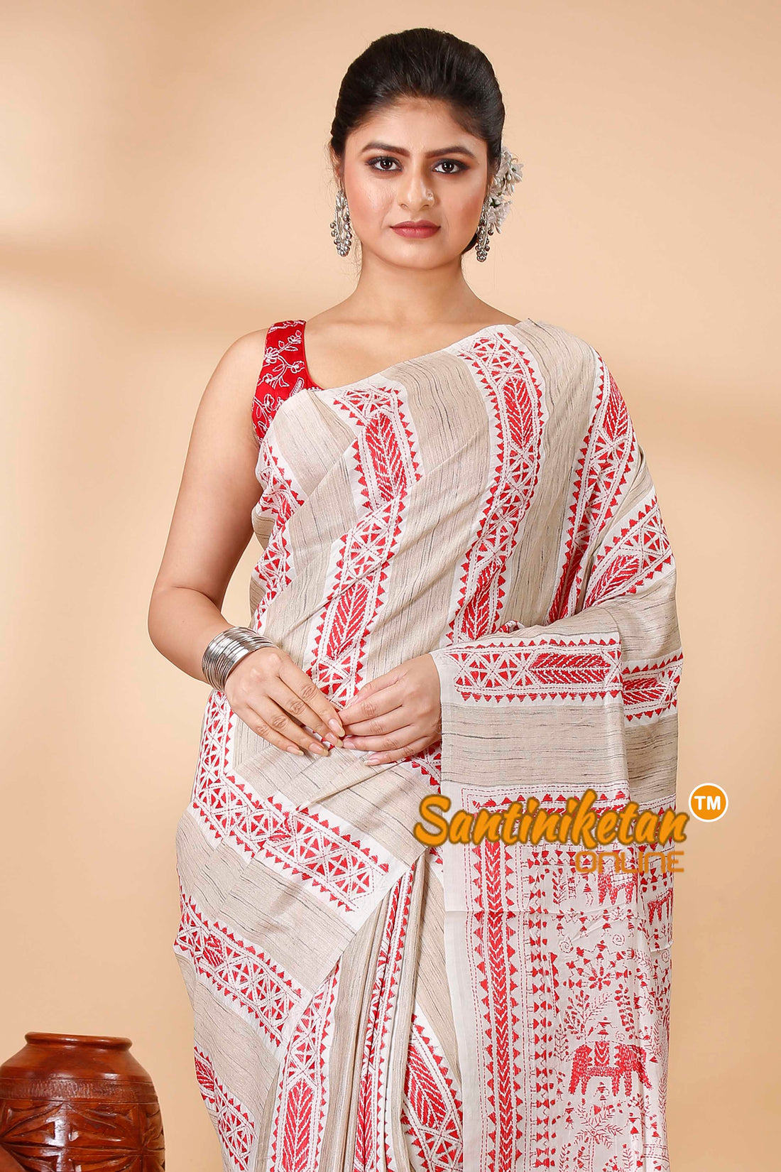 Pure Katan and Ketiya Tussar Stripe Kantha Stitch Saree SN202522142