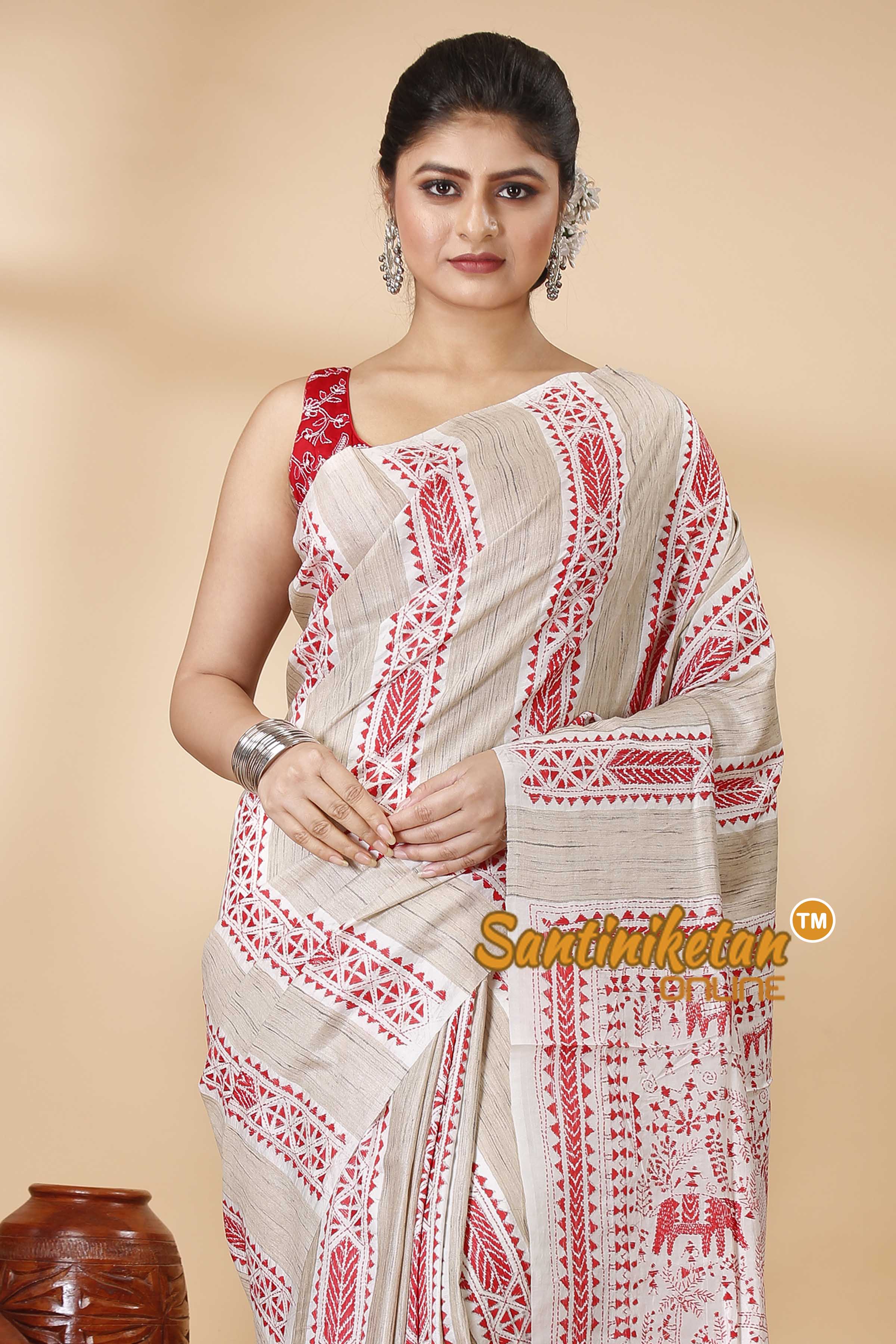 Pure Katan and Ketiya Tussar Stripe Kantha Stitch Saree SN202522142