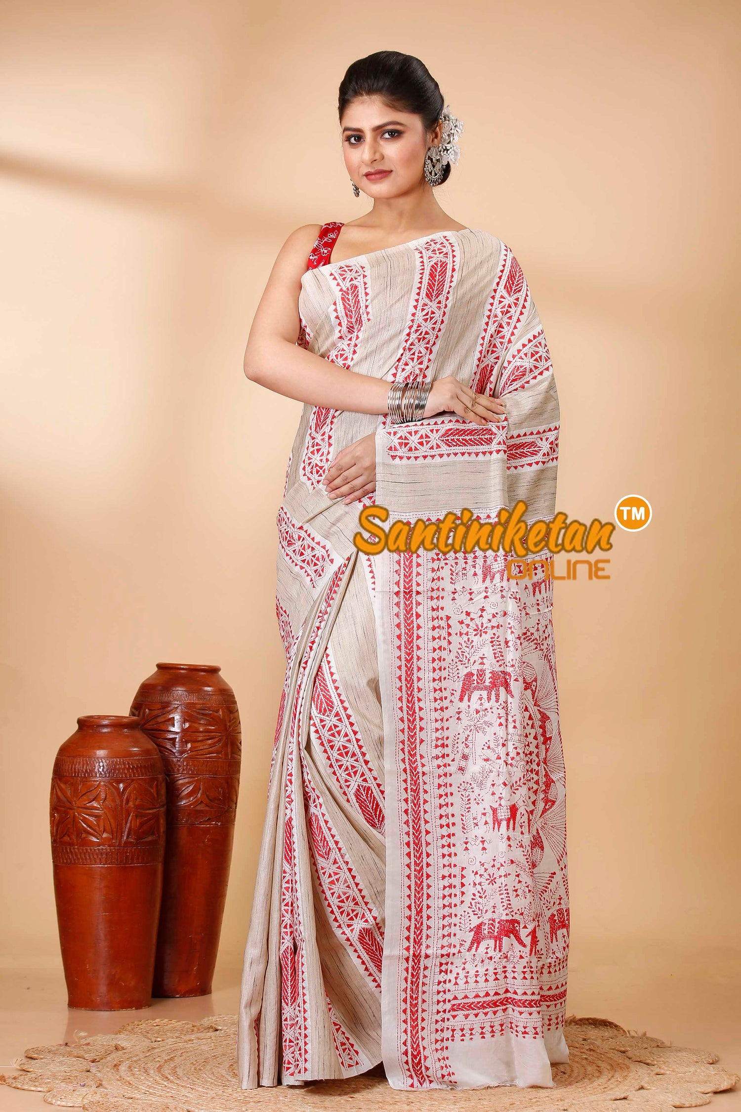 Pure Katan and Ketiya Tussar Stripe Kantha Stitch Saree SN202522142