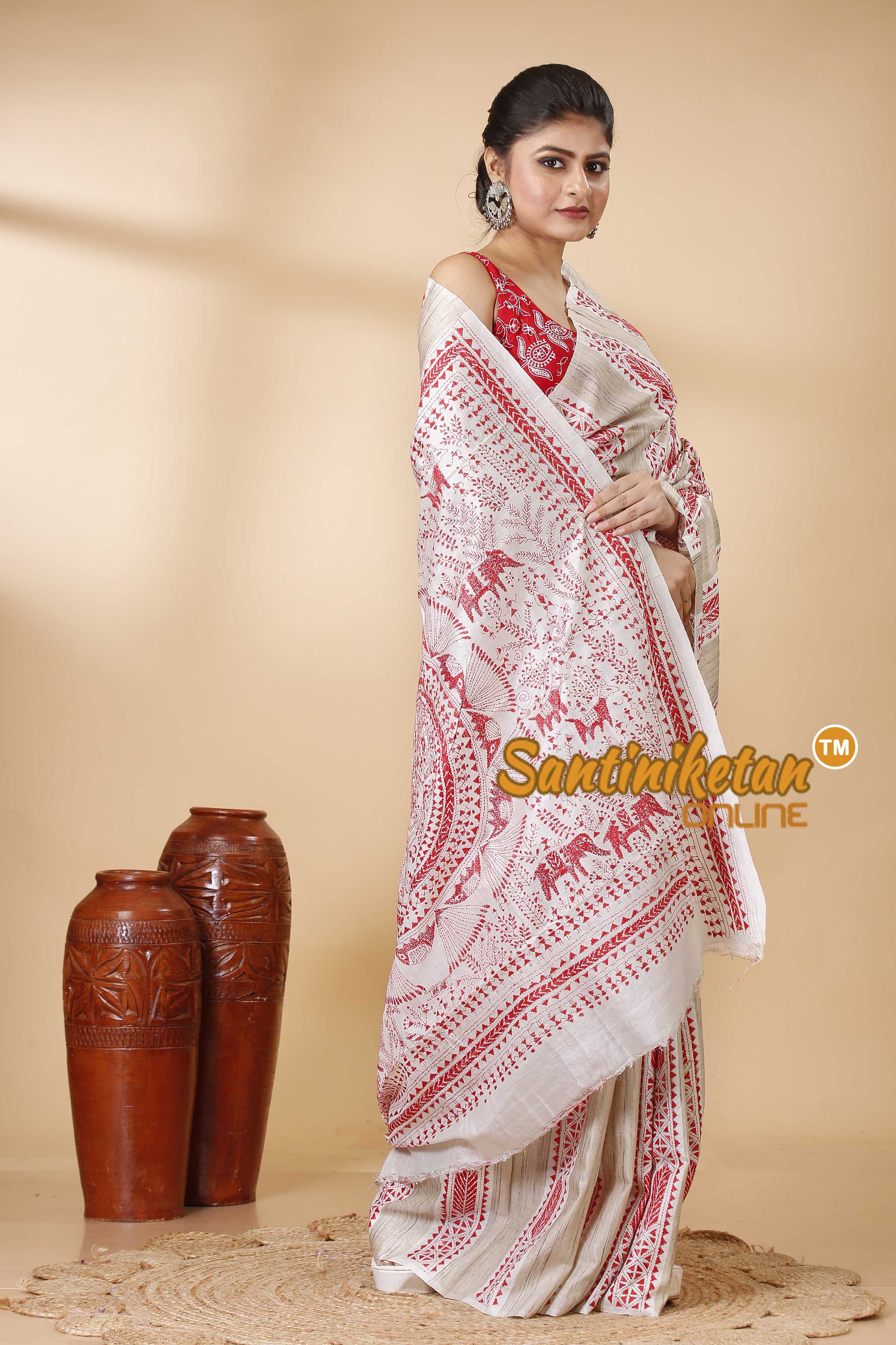 Pure Katan and Ketiya Tussar Stripe Kantha Stitch Saree SN202522142