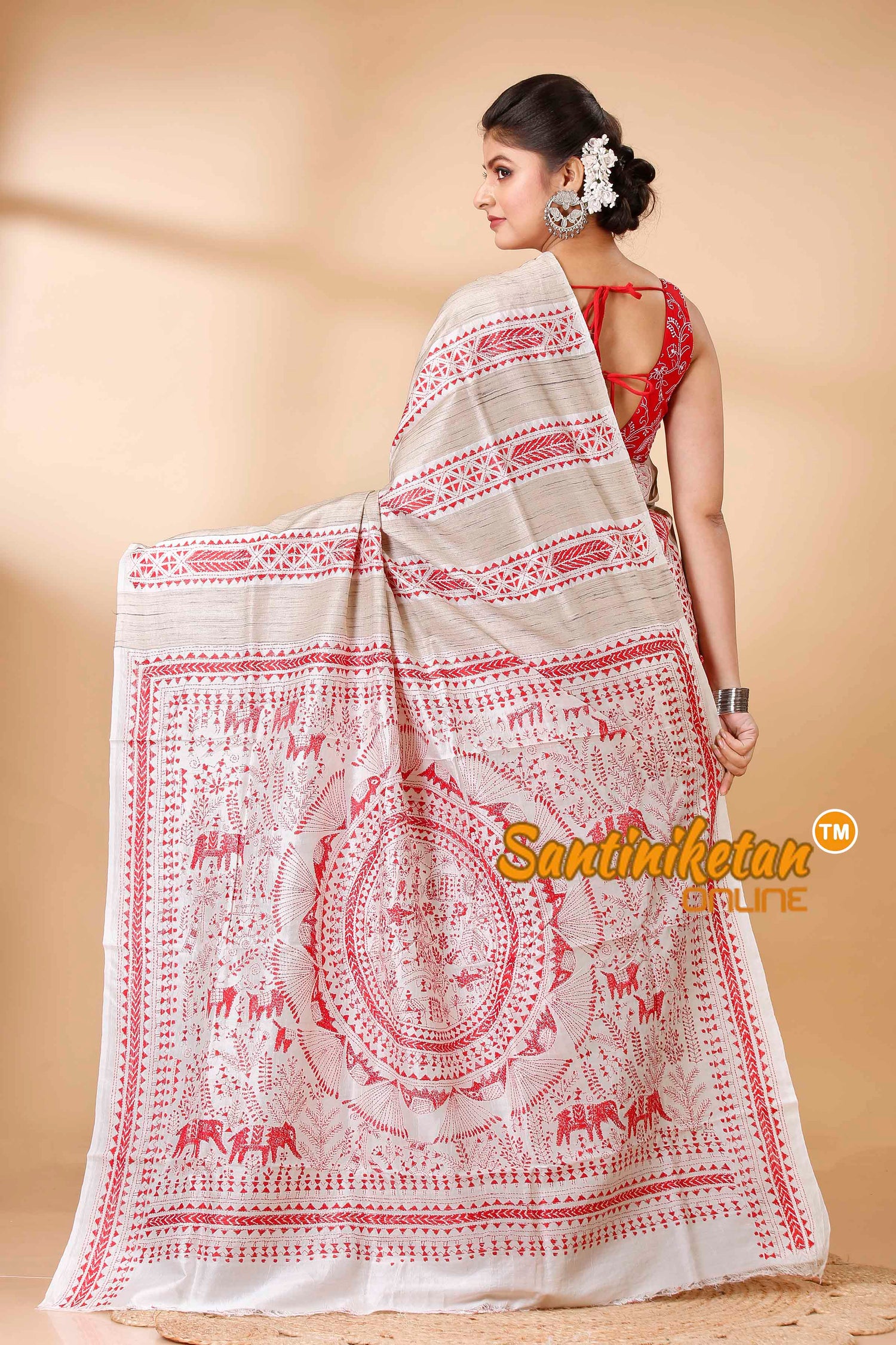 Pure Katan and Ketiya Tussar Stripe Kantha Stitch Saree SN202522142
