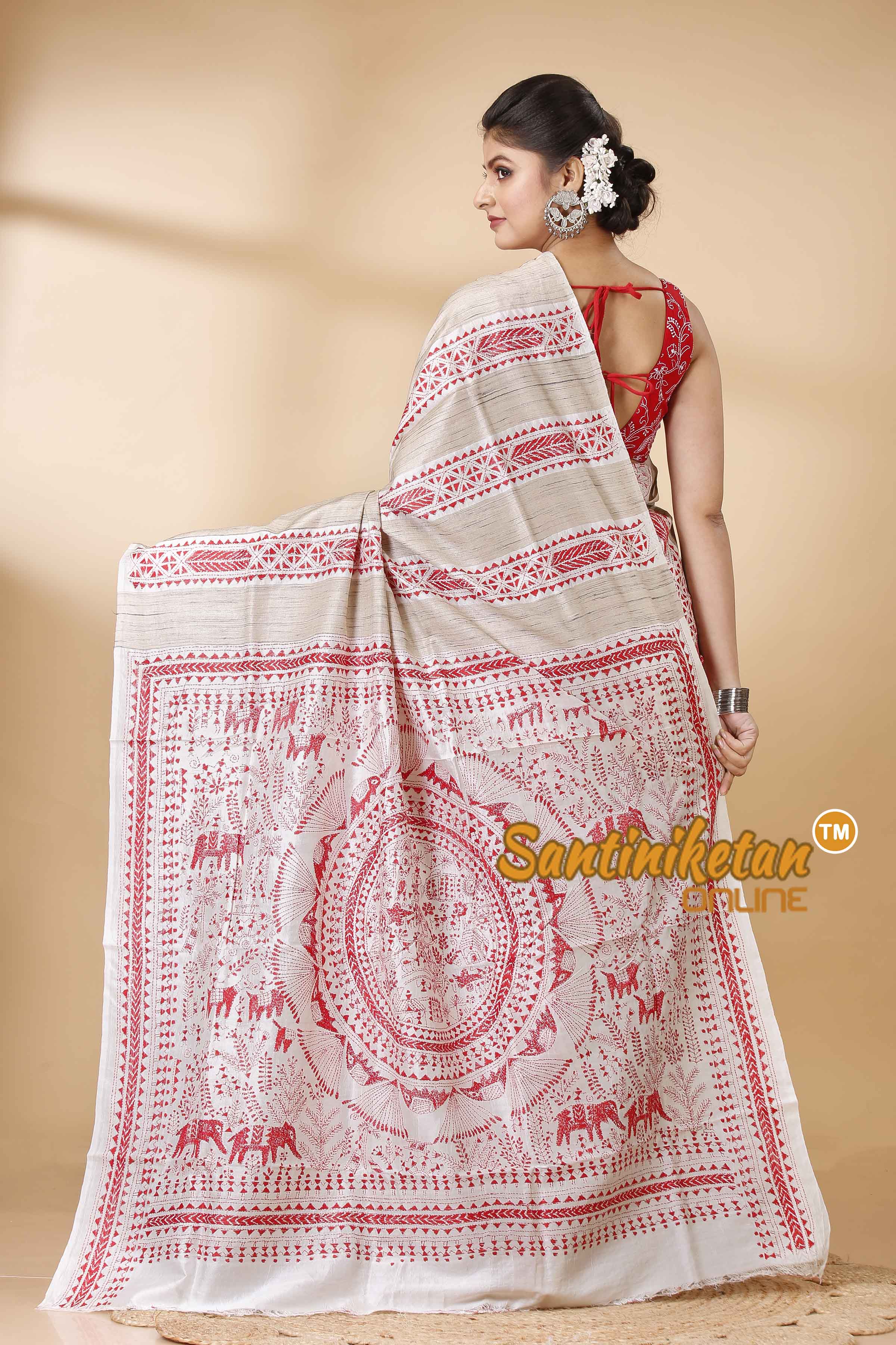 Pure Katan and Ketiya Tussar Stripe Kantha Stitch Saree SN202522142