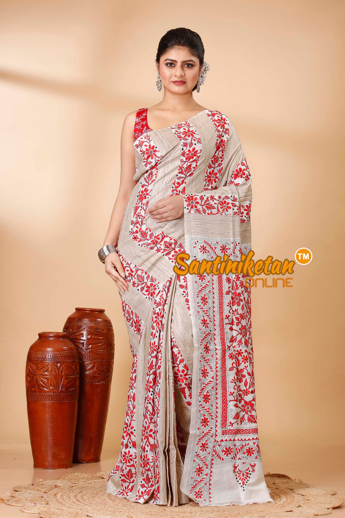 Pure Katan and Ketiya Tussar Stripe Kantha Stitch Saree SN202522148