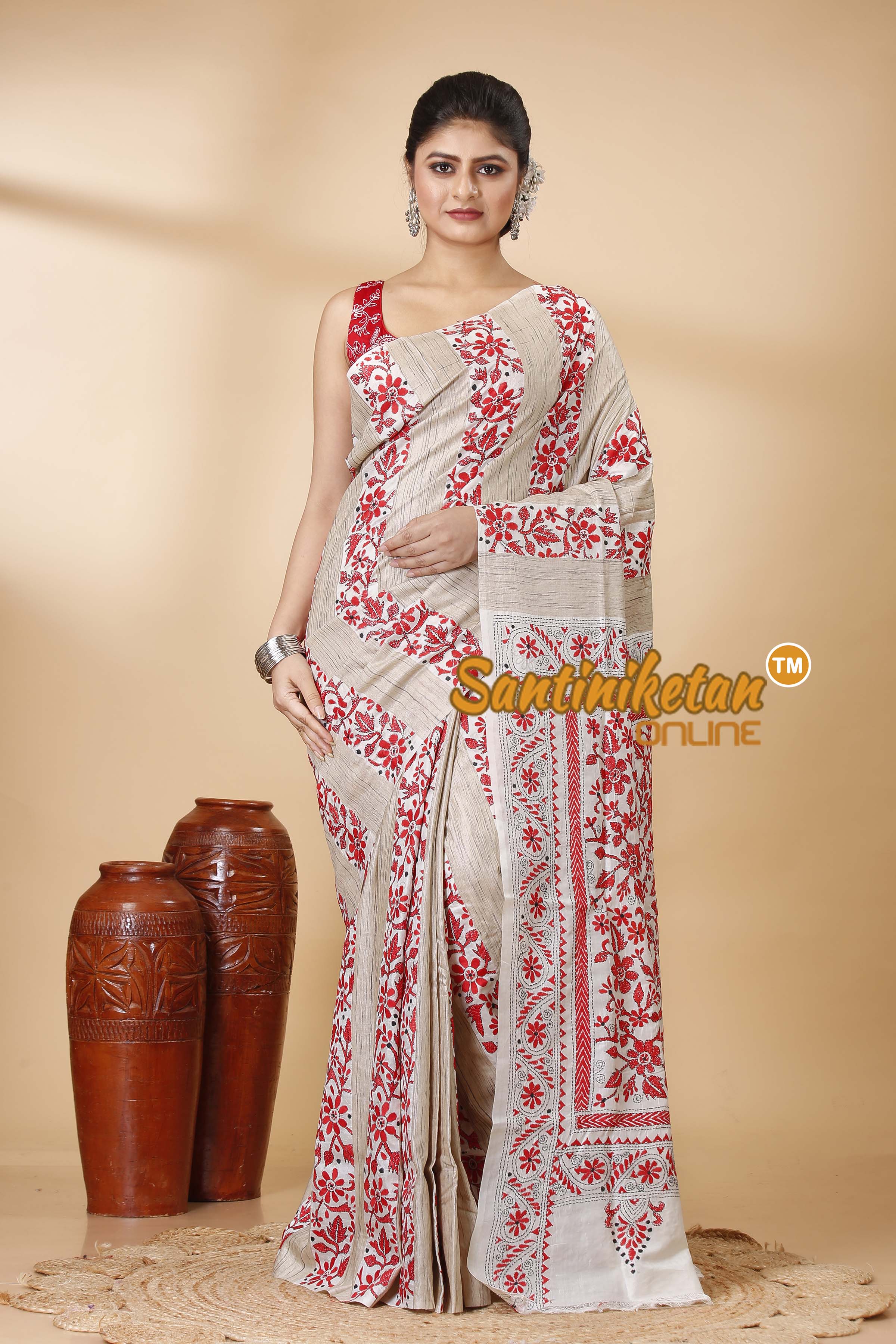 Pure Katan and Ketiya Tussar Stripe Kantha Stitch Saree SN202522148
