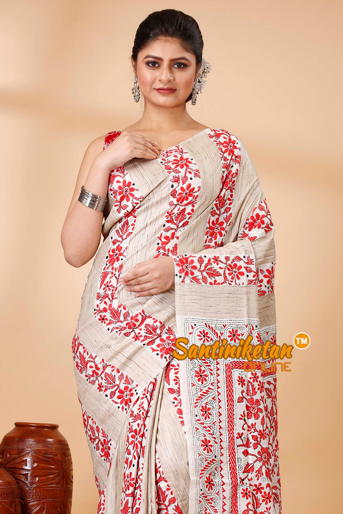 Pure Katan and Ketiya Tussar Stripe Kantha Stitch Saree SN202522148