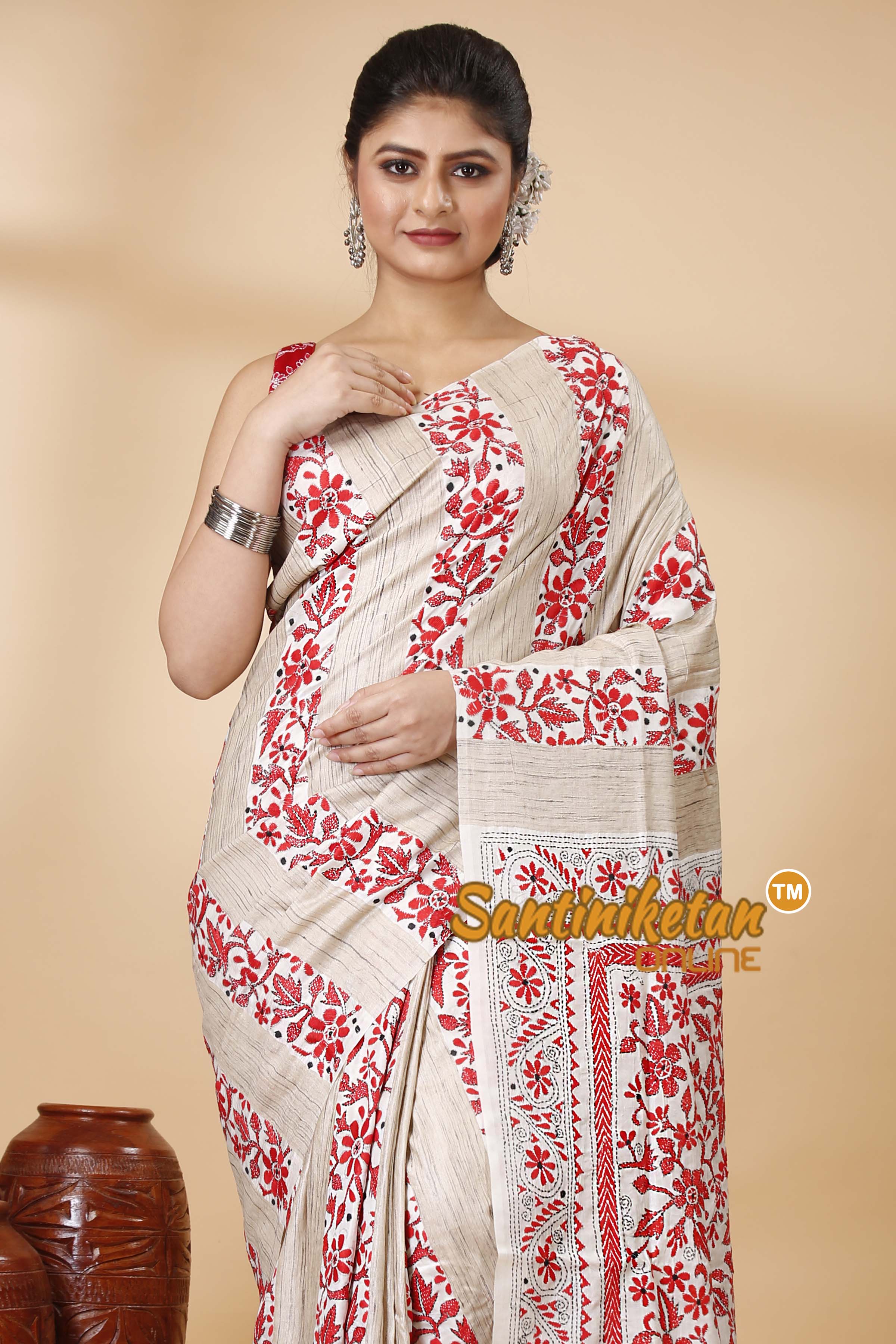 Pure Katan and Ketiya Tussar Stripe Kantha Stitch Saree SN202522148