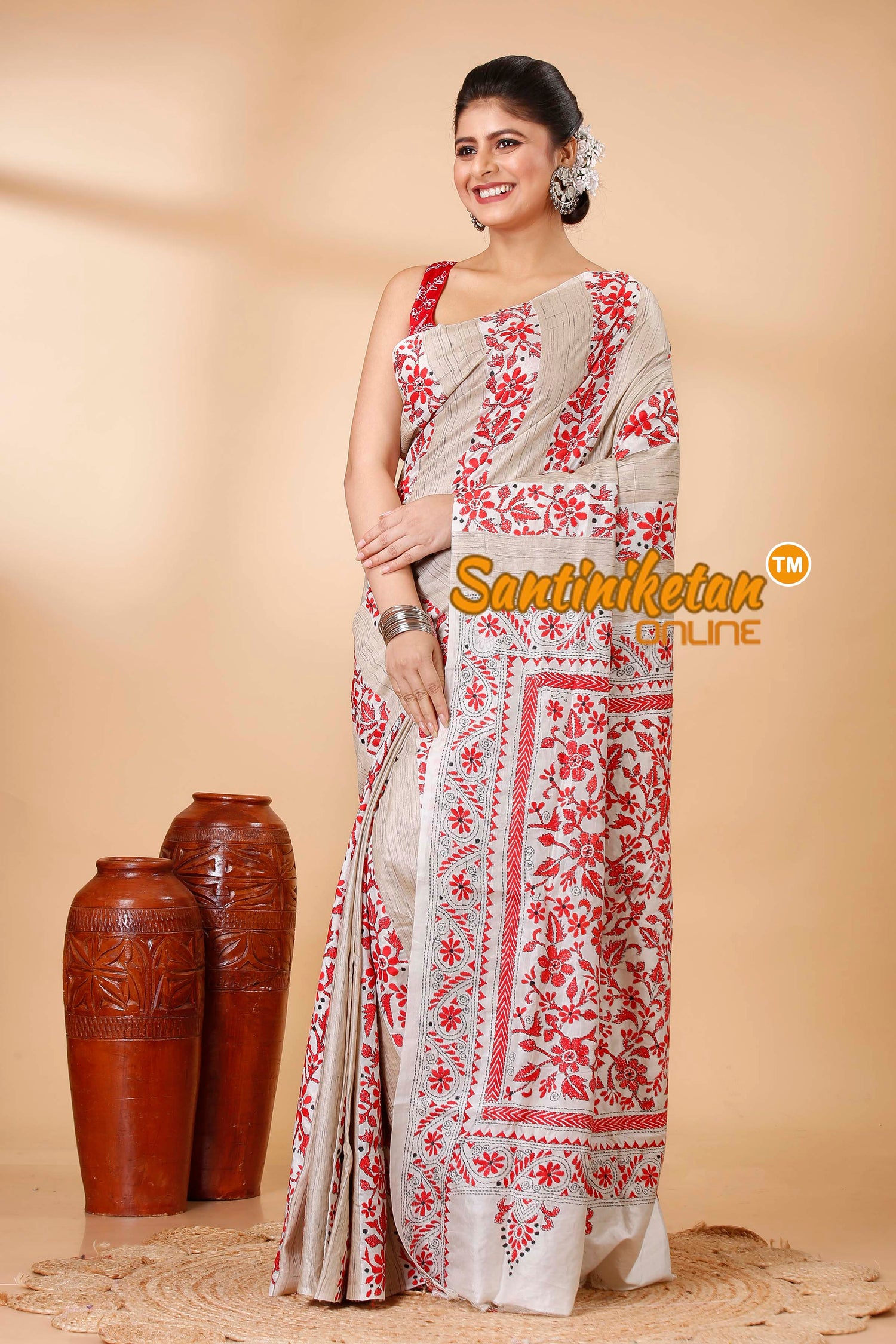 Pure Katan and Ketiya Tussar Stripe Kantha Stitch Saree SN202522148