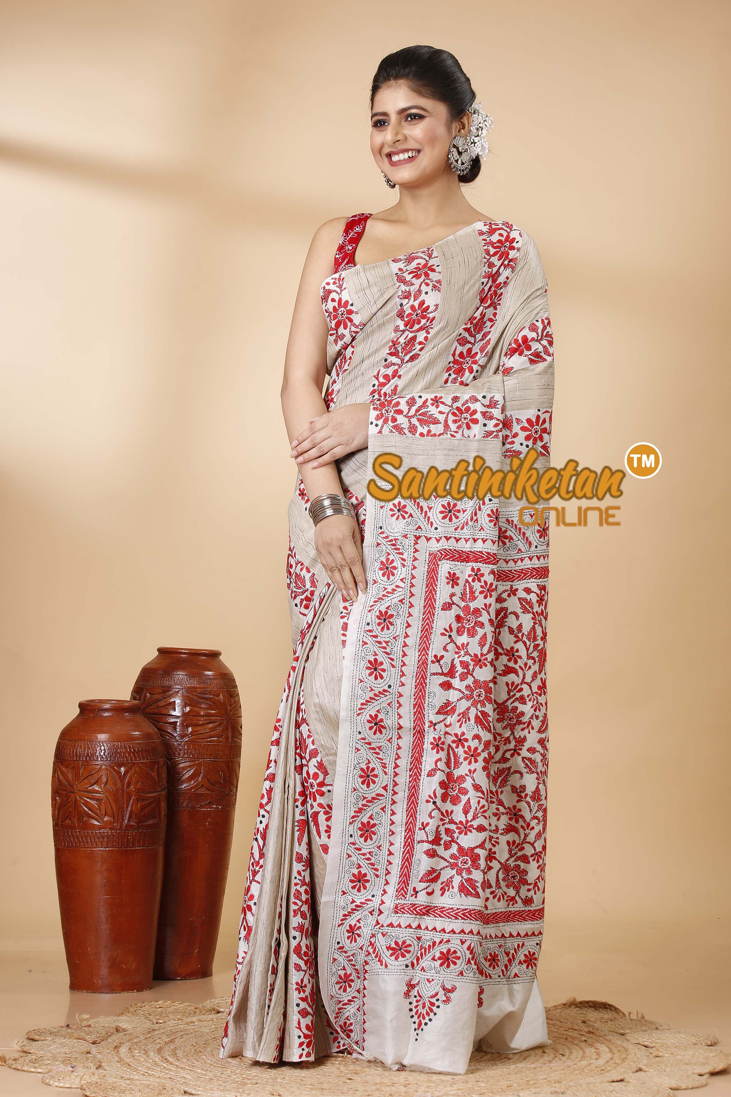 Pure Katan and Ketiya Tussar Stripe Kantha Stitch Saree SN202522148