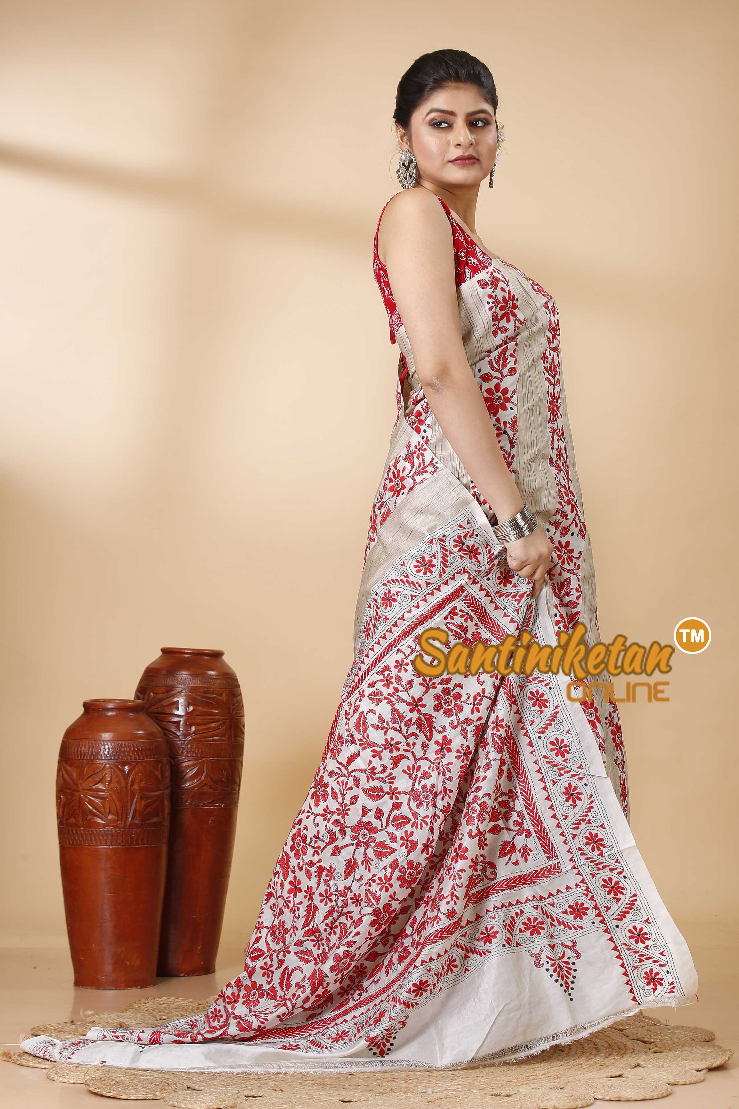 Pure Katan and Ketiya Tussar Stripe Kantha Stitch Saree SN202522148