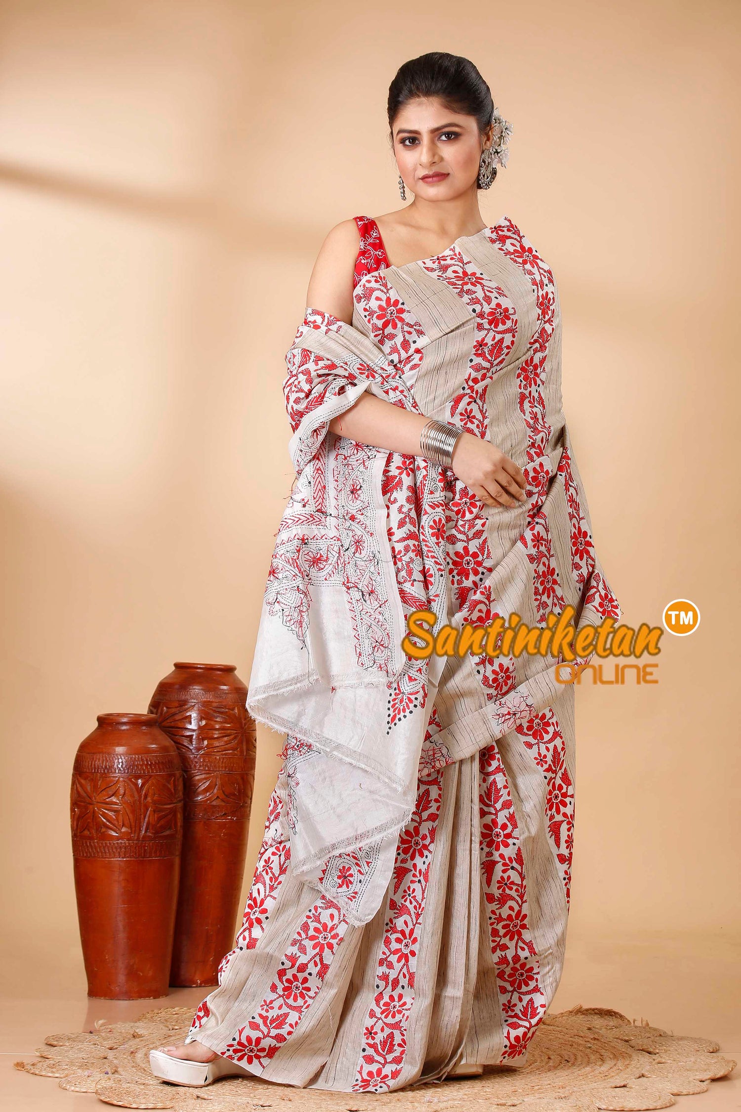 Pure Katan and Ketiya Tussar Stripe Kantha Stitch Saree SN202522148