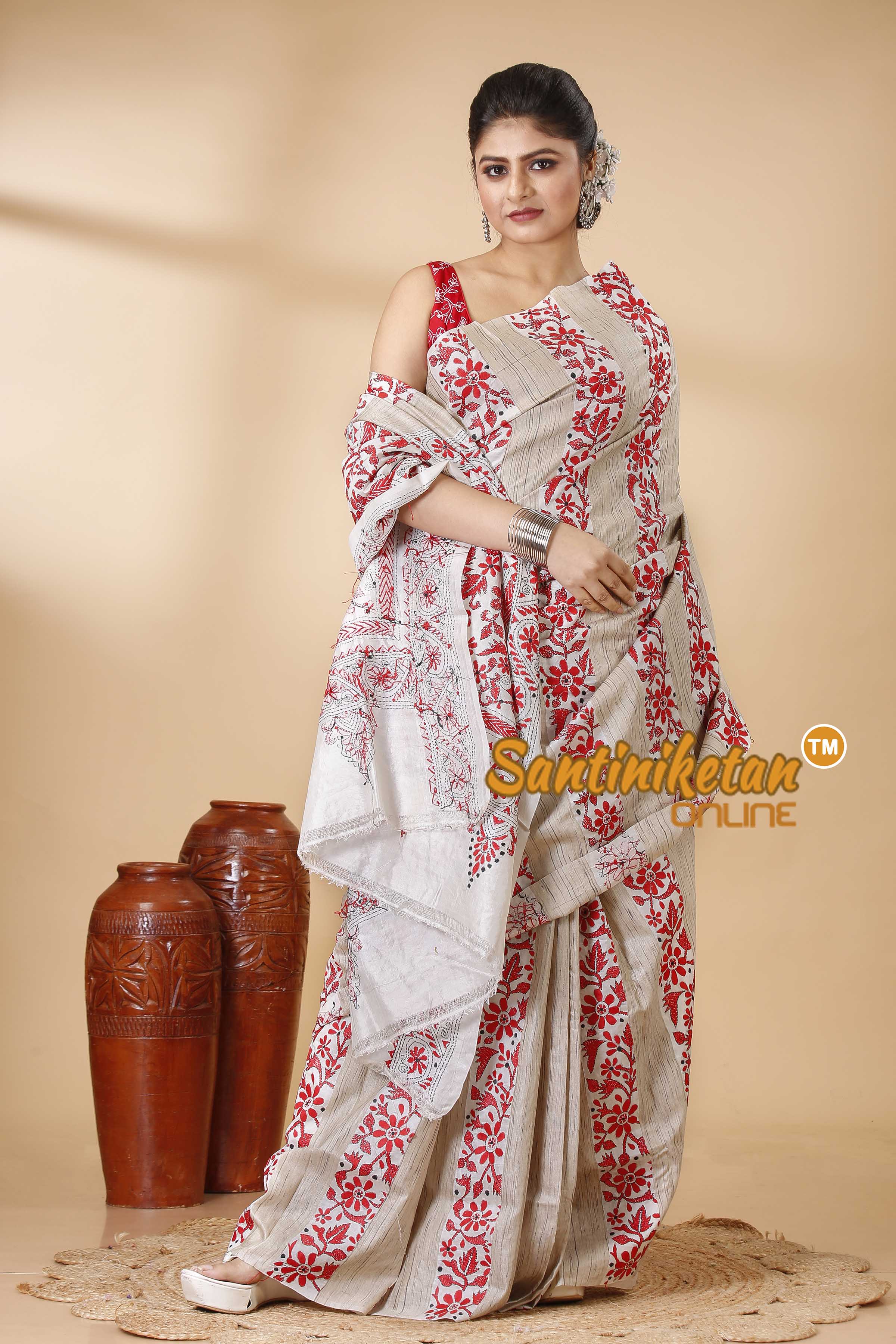 Pure Katan and Ketiya Tussar Stripe Kantha Stitch Saree SN202522148