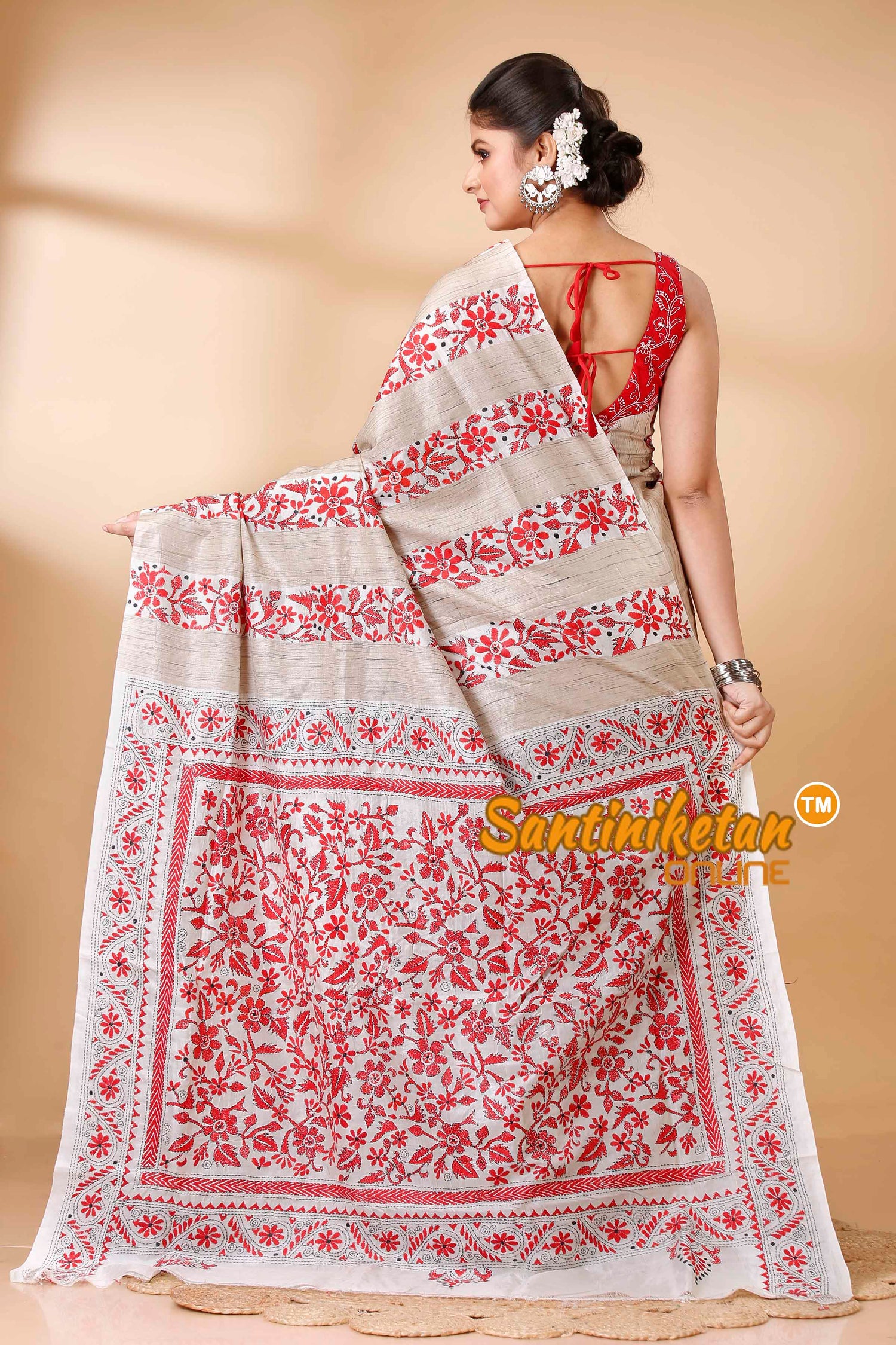 Pure Katan and Ketiya Tussar Stripe Kantha Stitch Saree SN202522148