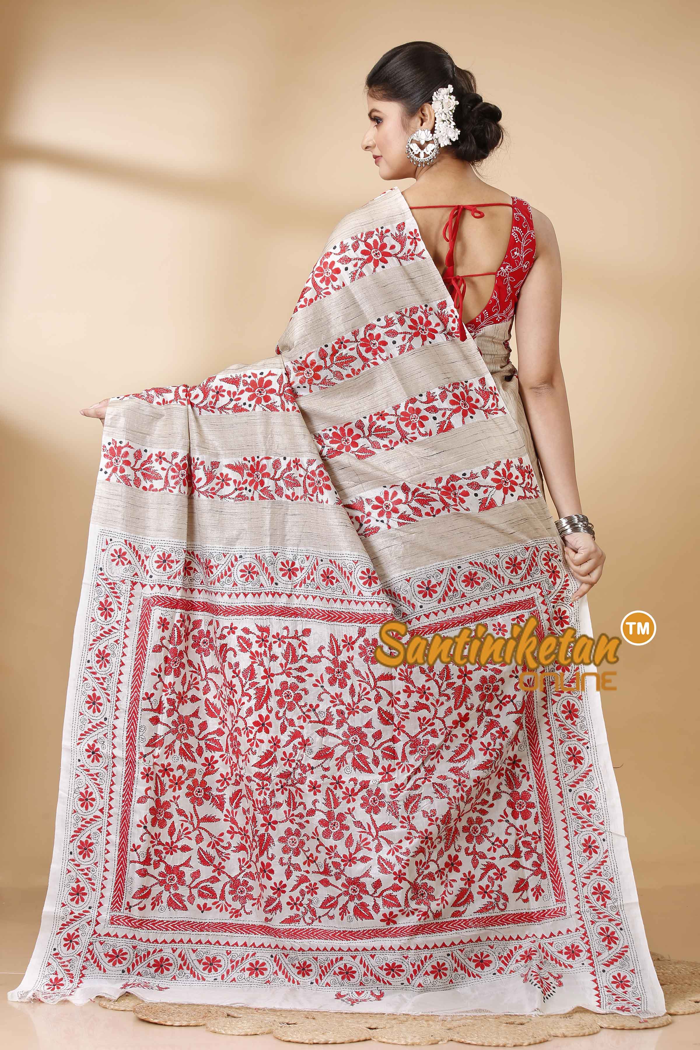 Pure Katan and Ketiya Tussar Stripe Kantha Stitch Saree SN202522148