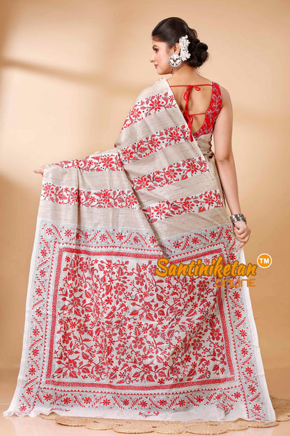 Pure Katan and Ketiya Tussar Stripe Kantha Stitch Saree SN202522148