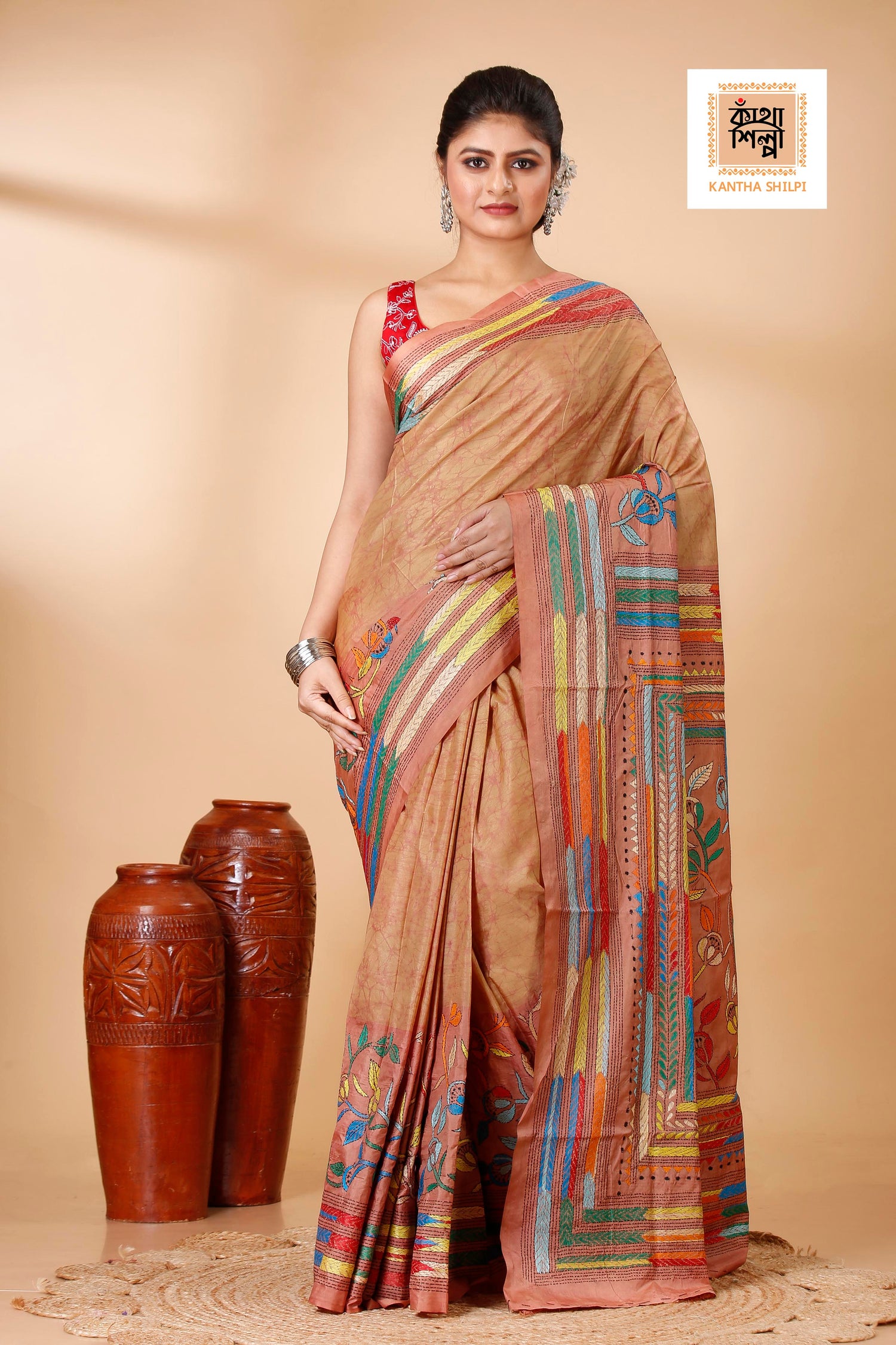 Bangalore Silk Hand Batik and Kantha Stitch Saree SN202522161