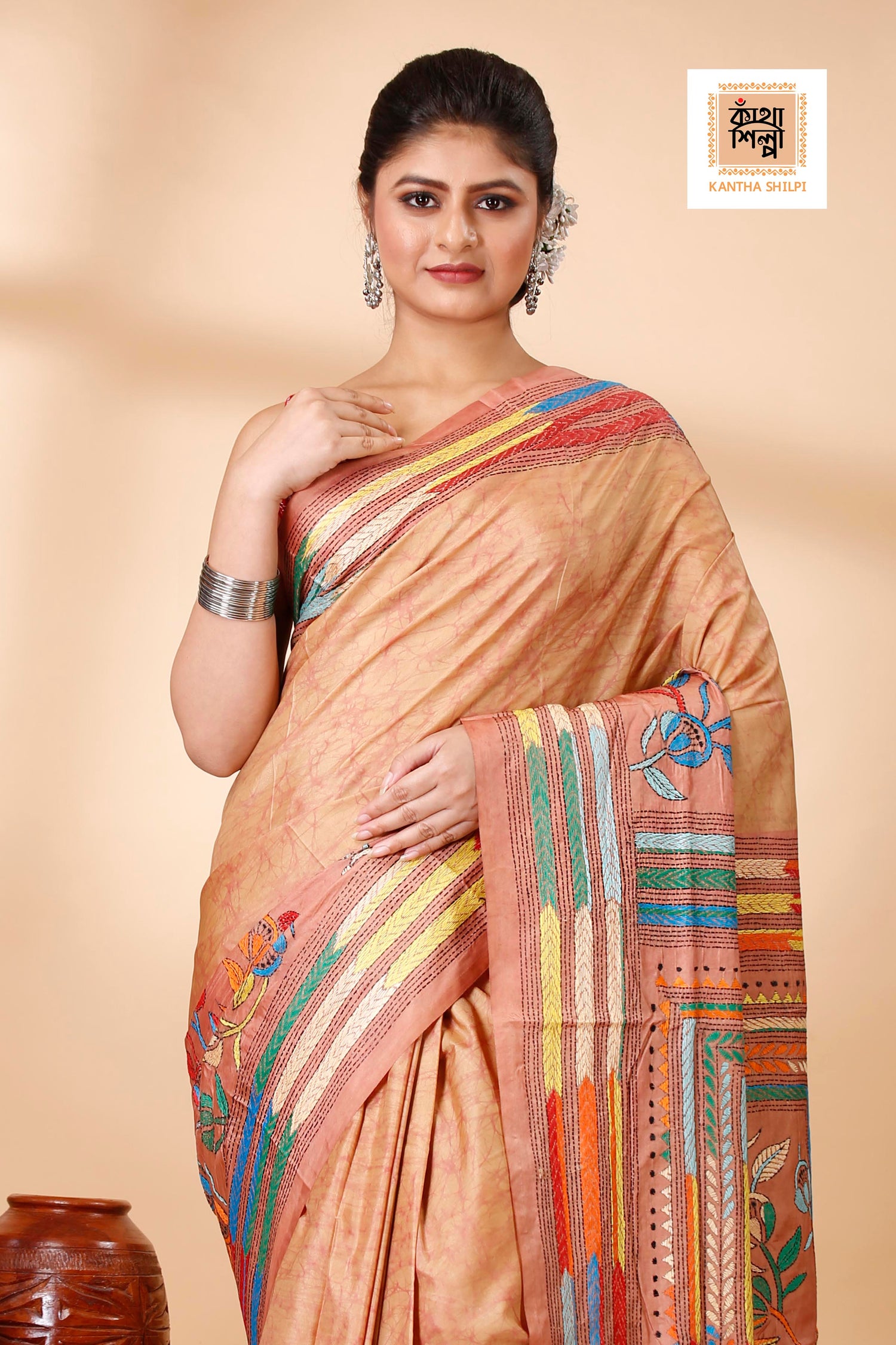 Bangalore Silk Hand Batik and Kantha Stitch Saree SN202522161